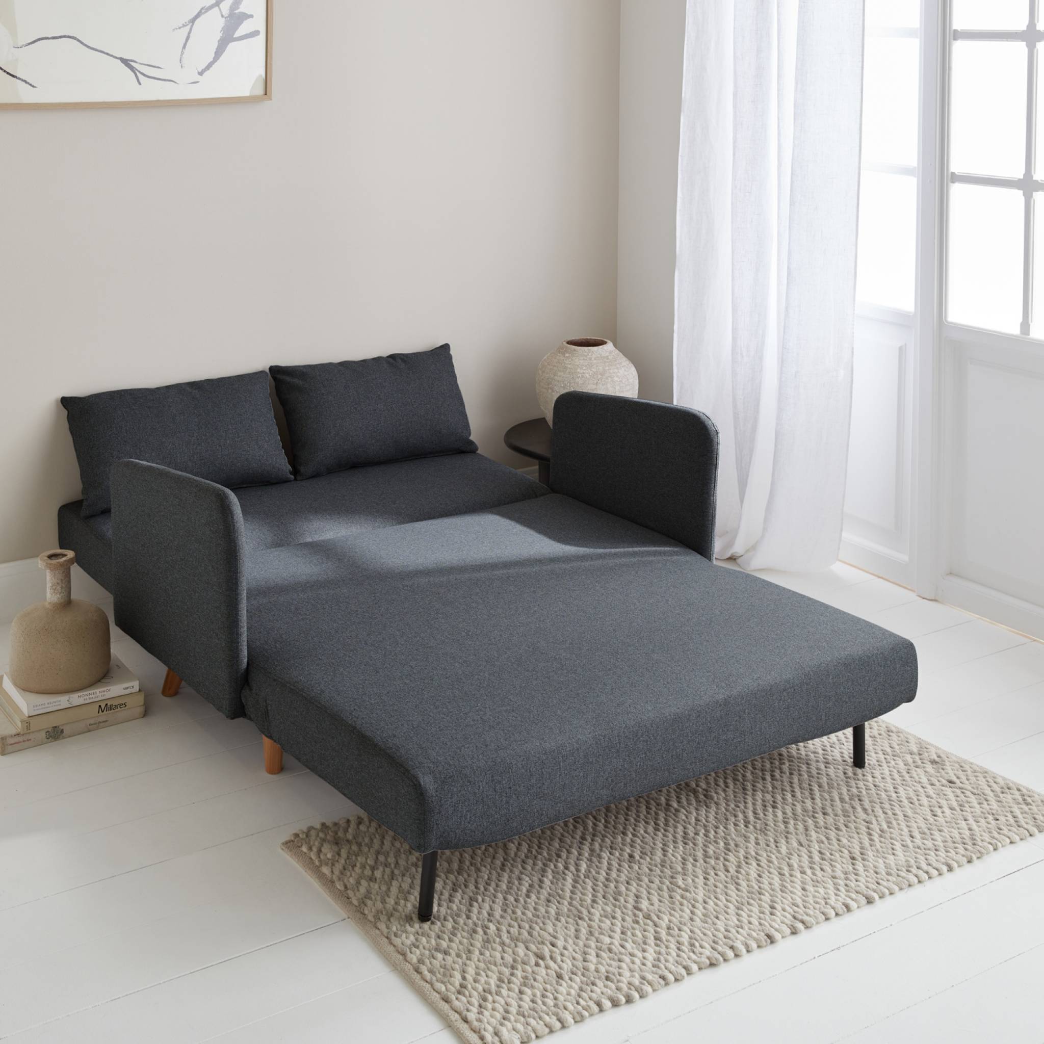 Canapé convertible en tissu - Panam - 2 places scandinave. pieds bois foncé. gris foncé. banquette. dossier inclinable - 5