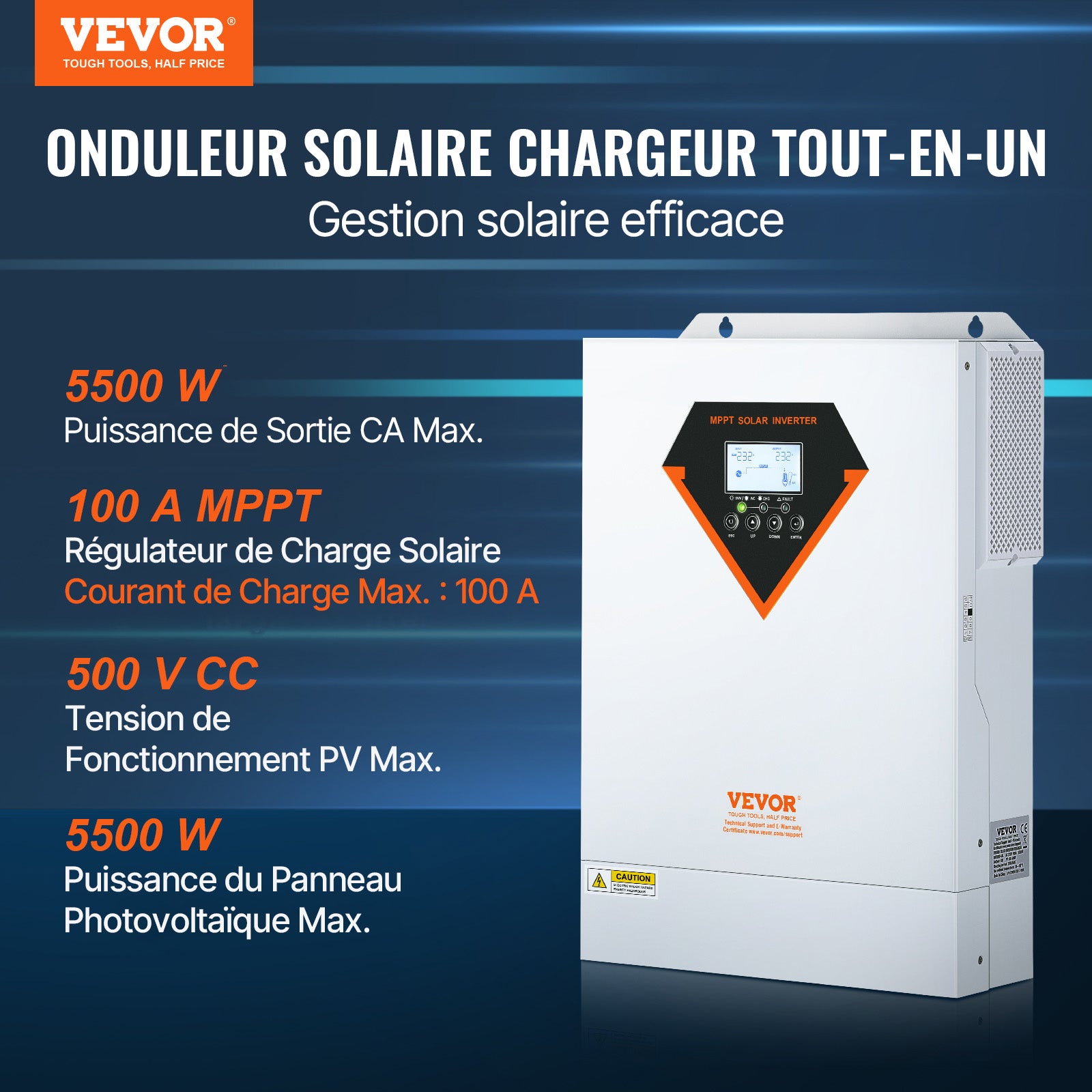 Onduleur Solaire Hybride VEVOR 5500 W, 230 V, Onde Sinusoïdale Pure, MPPT 100 A Intégré, Charge Hybride Réseau/Utilitaire/Solaire, Hors Réseau - 2