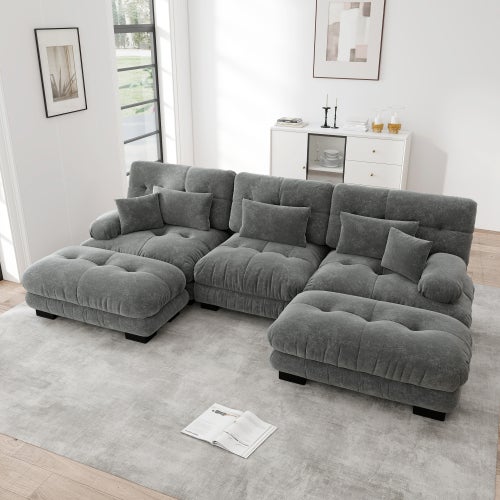 Canapé d'angle, canapé en U pour salon à 3 place avec pouf amovible, en tissu, gris - 3