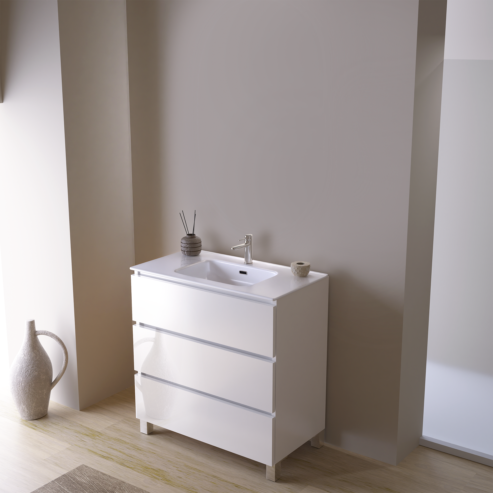 Feel Your Bath, Meuble SDB Blanc Brillant 80 cm + Vasque Céramique Blanc Brillant – 3 Tiroirs et Pieds, Moderne - 2