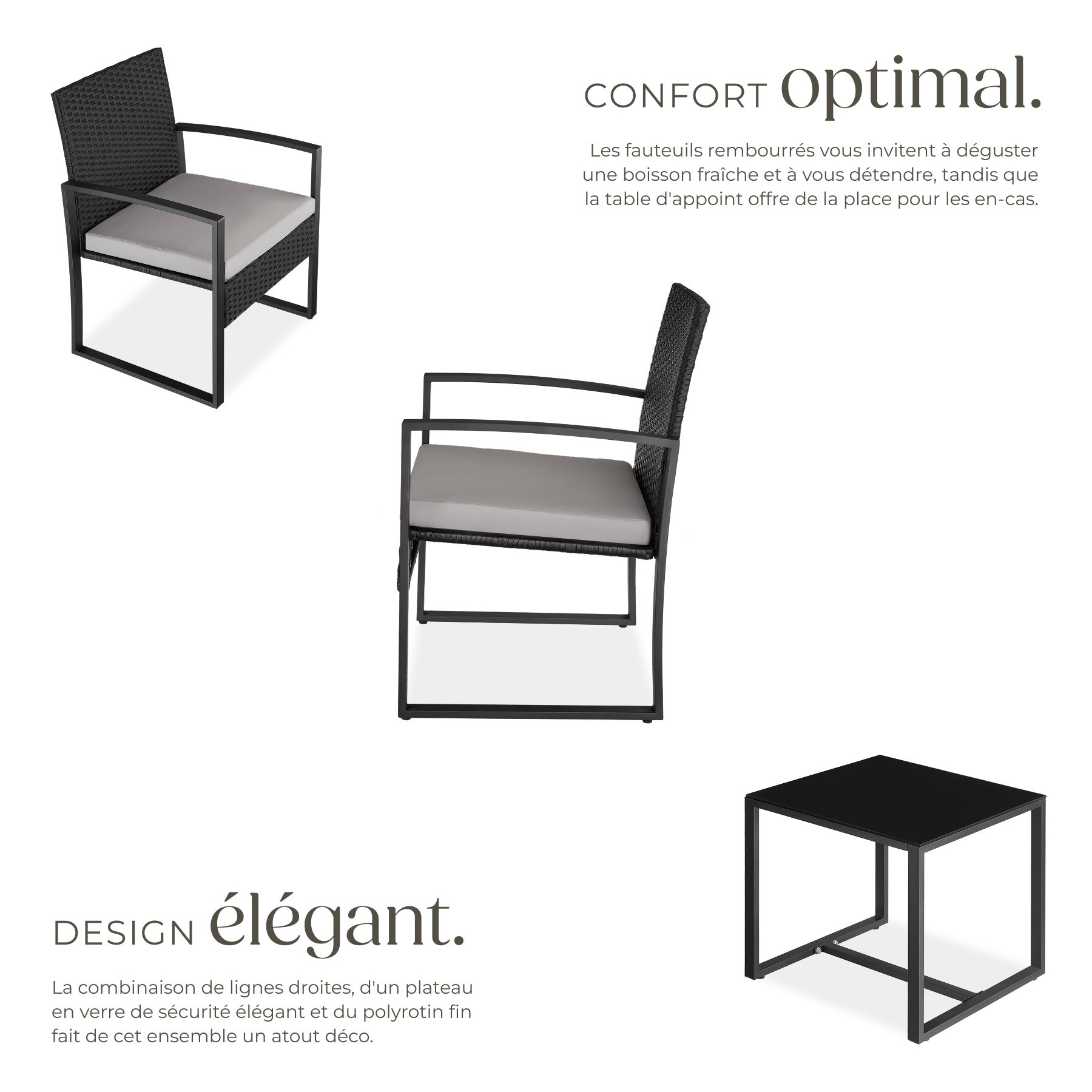 Lot de 2 chaises et table en poly rotin, structure acier époxy résistante, 58 x 55,5 x 78 cm gris clair/noir TECTAKE - 4