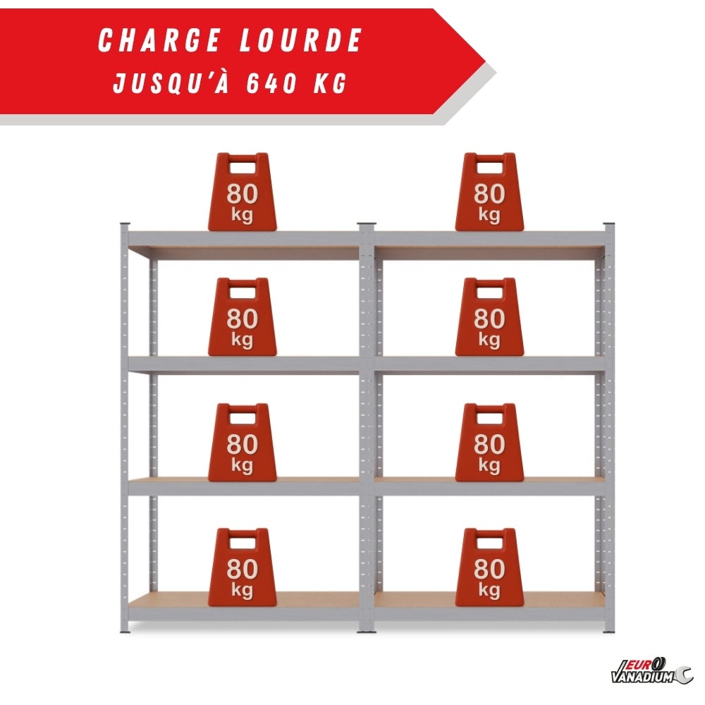 Double Étagère charges lourde 160 x 80 cm - 640 kg - 8 plateaux - Acier galvanisé - 40 cm - Gris - 5
