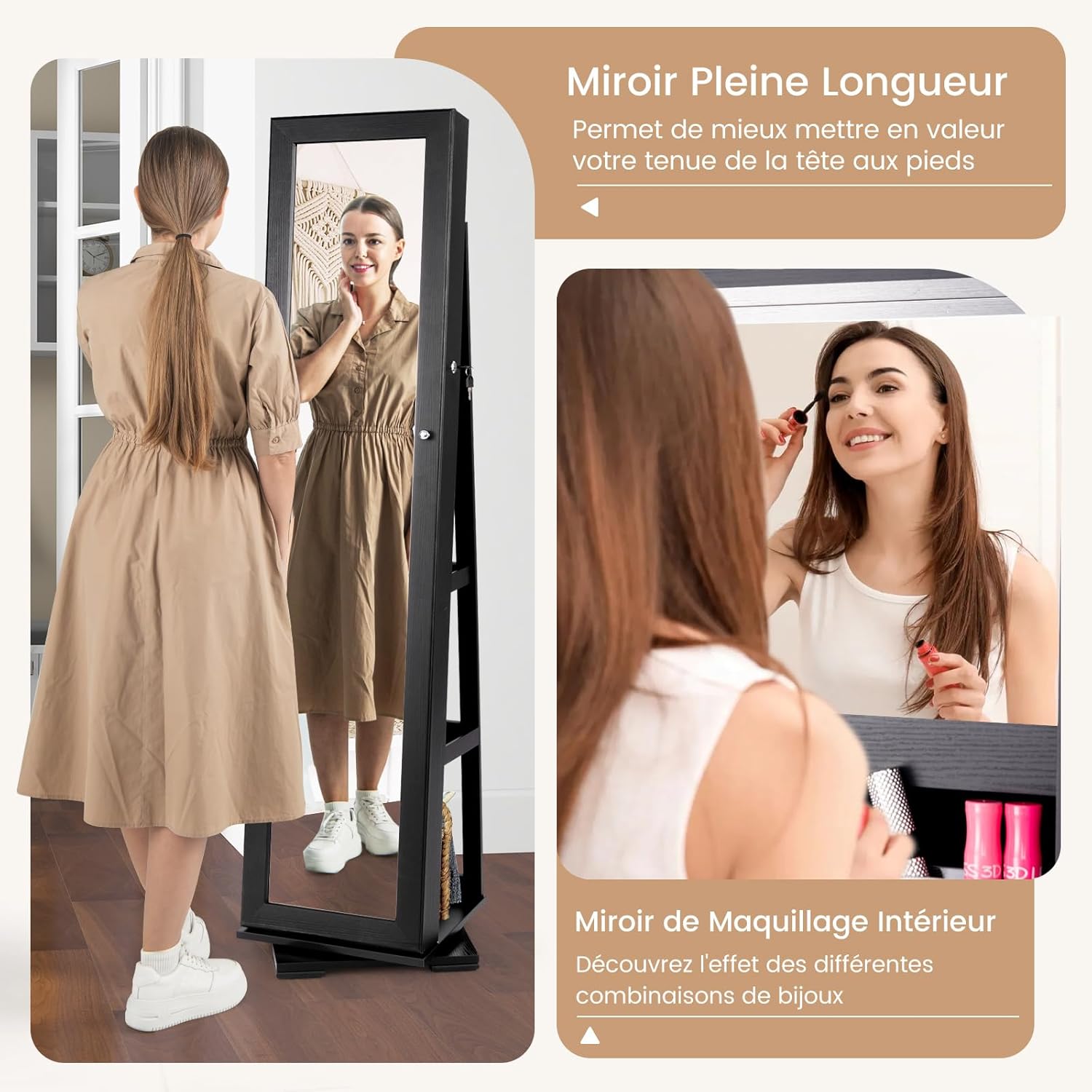 Armoire à Bijoux Pivotante à 360 Degrés sur Pieds,avec Grand Miroir Psyché et Etagère de Rangement à L’Arrière (Noir) - 5