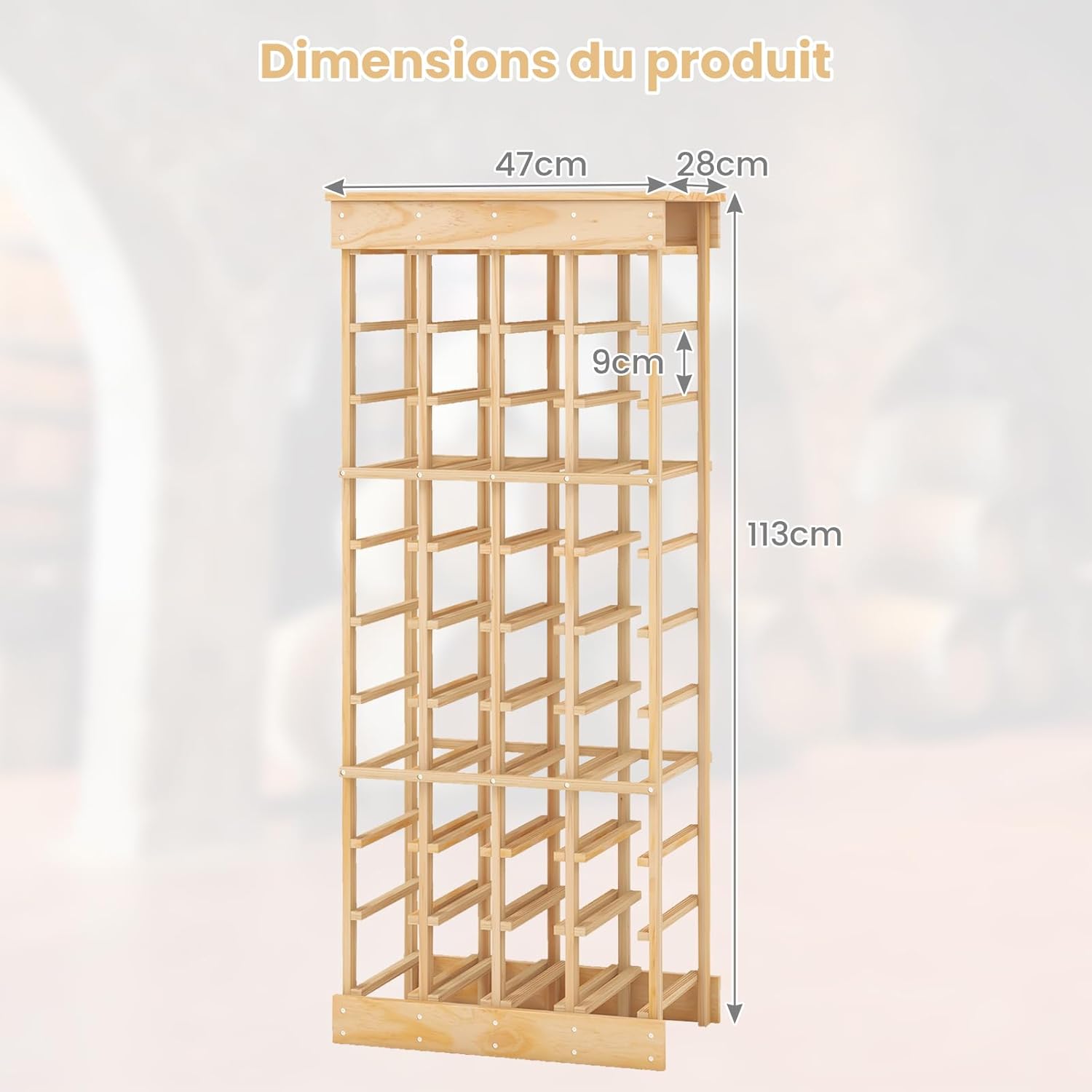 Porte-Bouteille pour 40 Bouteilles, Casier à Vin Pin Massif, Range Bouteille à l’Horizontal, 47 x 28 x 113 CM, Naturel - 2
