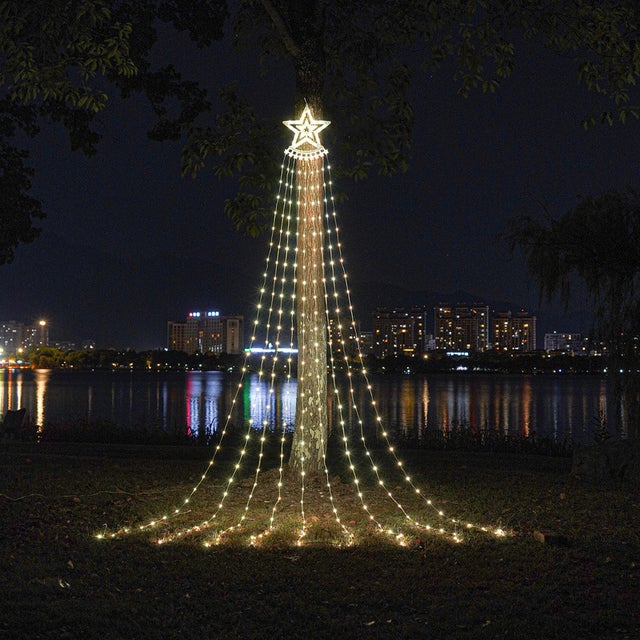Guirlande Lumineuse Sapin de Noel Avec Etoile, Guirlande Lumineuse Cascade, 9 Brins, Étanche,[USB + Télécommande](Blanc Chaud)