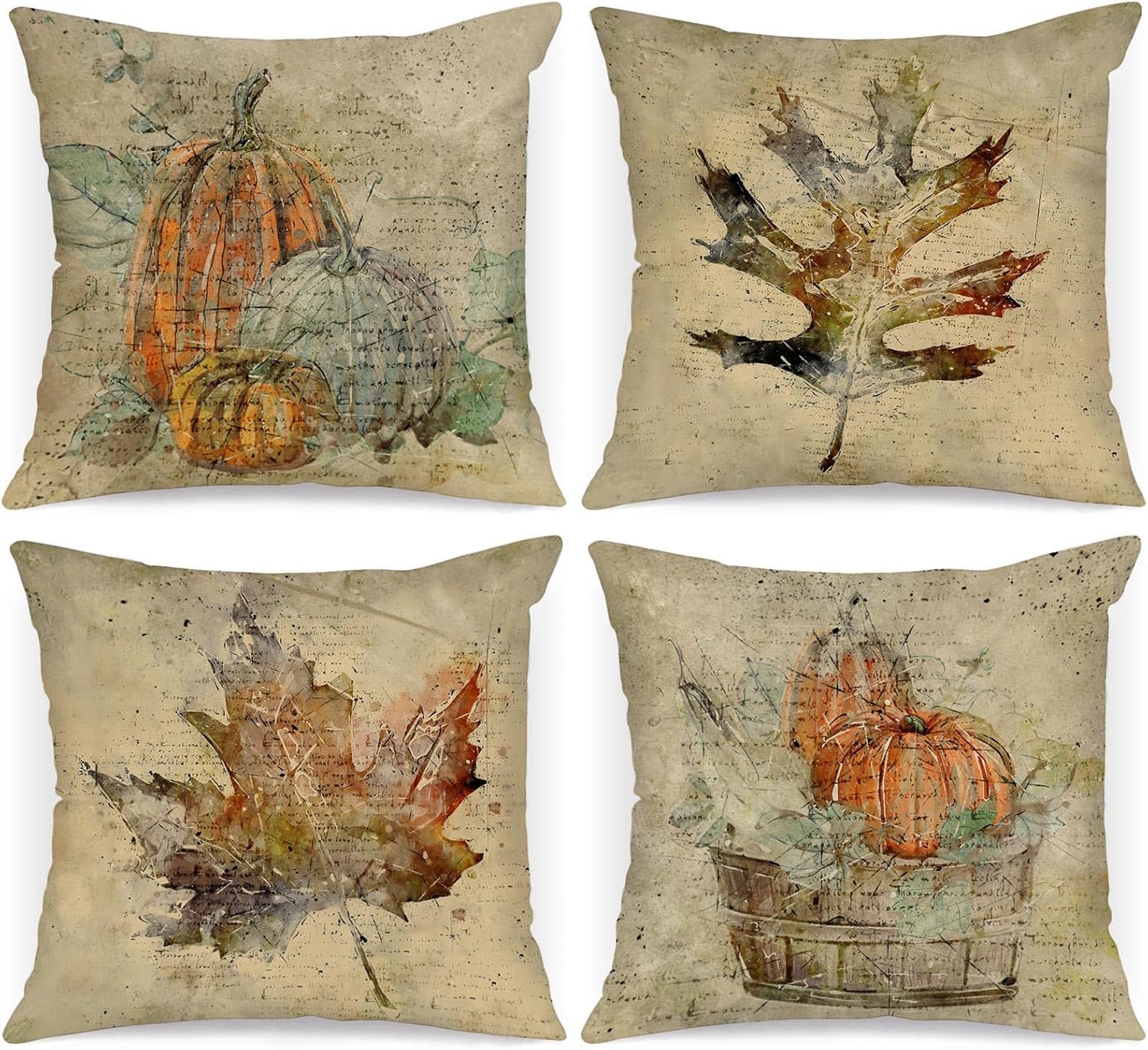 Zestaw 4 dekoracyjnych poszewek na poduszki jesienne 45x45 cm, akwarelowe poszewki na poduszki z motywem dyni i liści klonu 45 x 45 cm