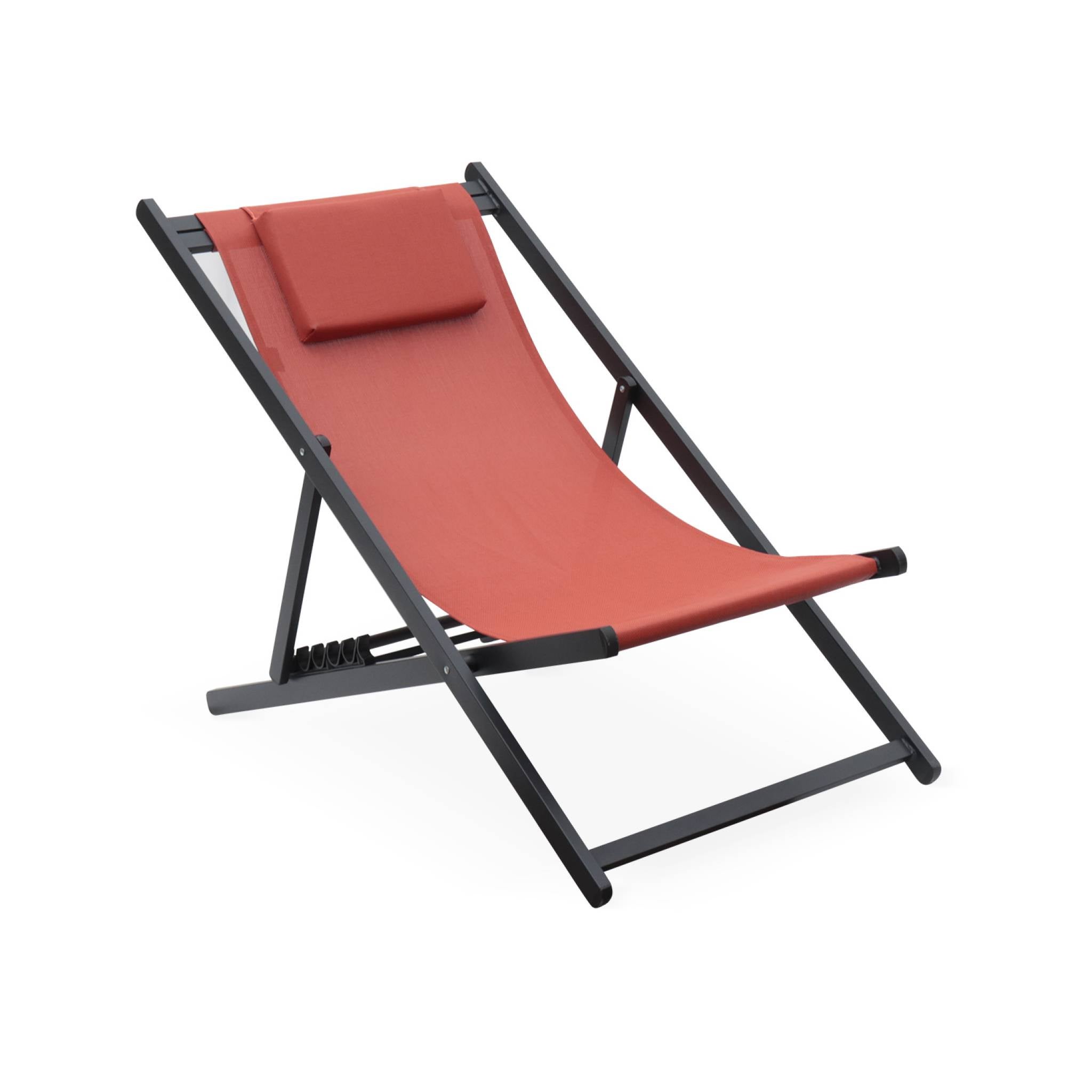 Lot de 2 bains de soleil - Gaia terra cotta - Transat en aluminium gris anthracite et textilene avec coussin repose tête. chilienne - 3