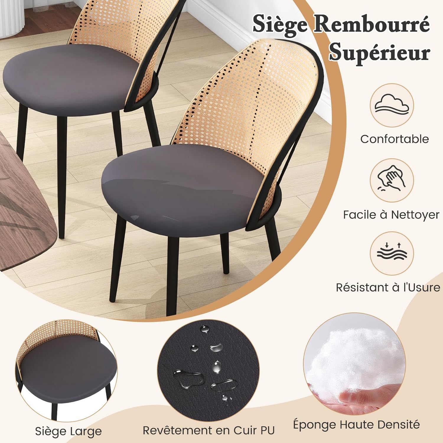 Lot de 2 Chaises de Salle à Manger, Chaise Cannage sans Accoudoirs, Siège Rembourré, Pieds Fuselés en Métal, Hauteur d’Assise 46 cm, Chaise - 5