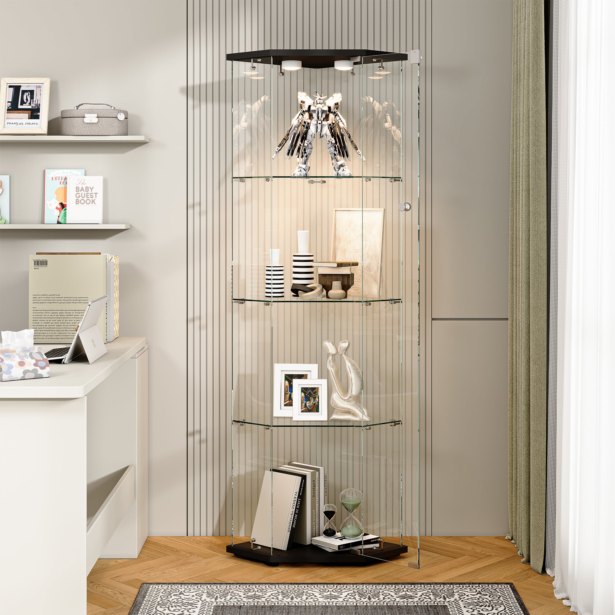 LED Vitrine, Vitrine en Verre, Vitrine pour collection Transparent en verre 4 Couches avec 1 Porte, pour salon et chambre à coucher,cinq angles,noir - 3