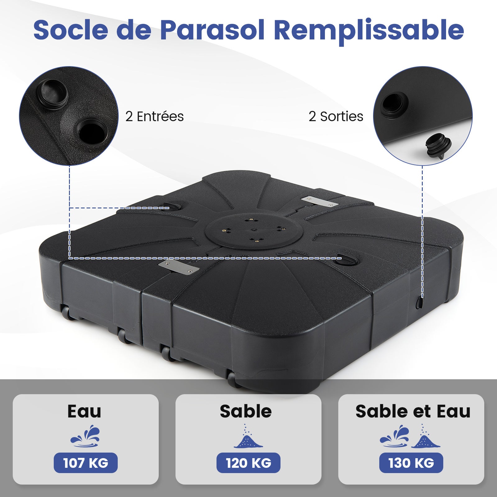 Pied de Parasol Déporté avec roulettes, Support Parasol en HDPE, Remplissable 130 kg Sable& Eau/120 kg Sable/107 kg Eau, 84 x 84 x 20 cm - 7