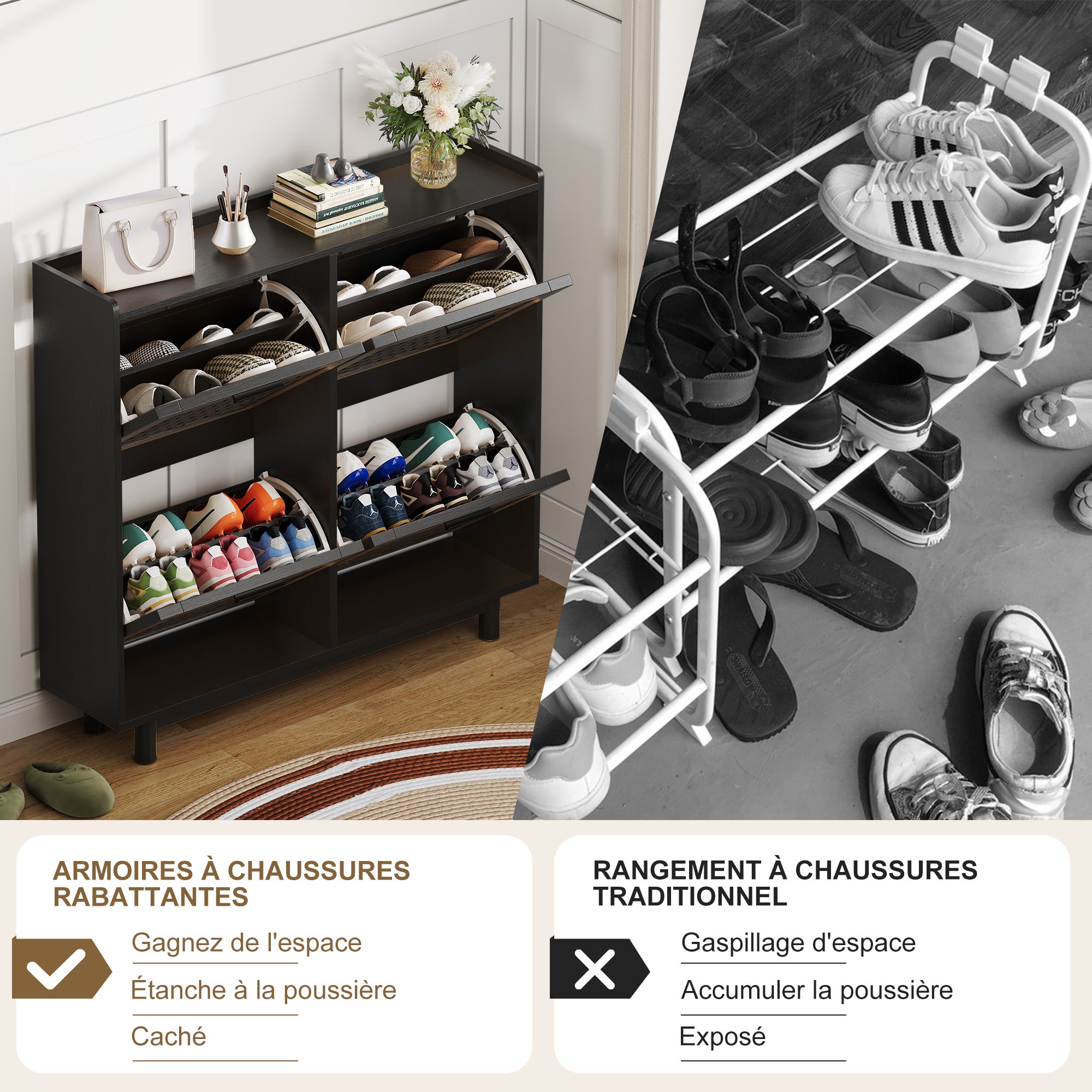 Meuble à Chaussures, Armoire à Chaussures Entree avec 4 Porte en Rotin, Meuble de Rangement à Chaussures Armoire pour Entrée, Couloir et Chambre, Nior - 6