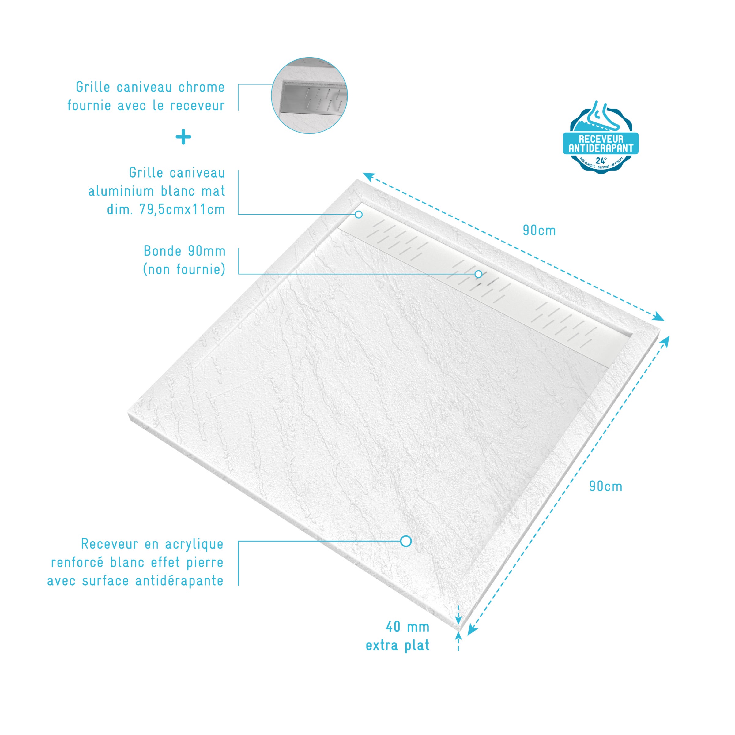 Receveur en acrylique Blanc Effet Pierre 90x90x4 cm + Grilles Linéaires Chrome et Blanche Mate - 4