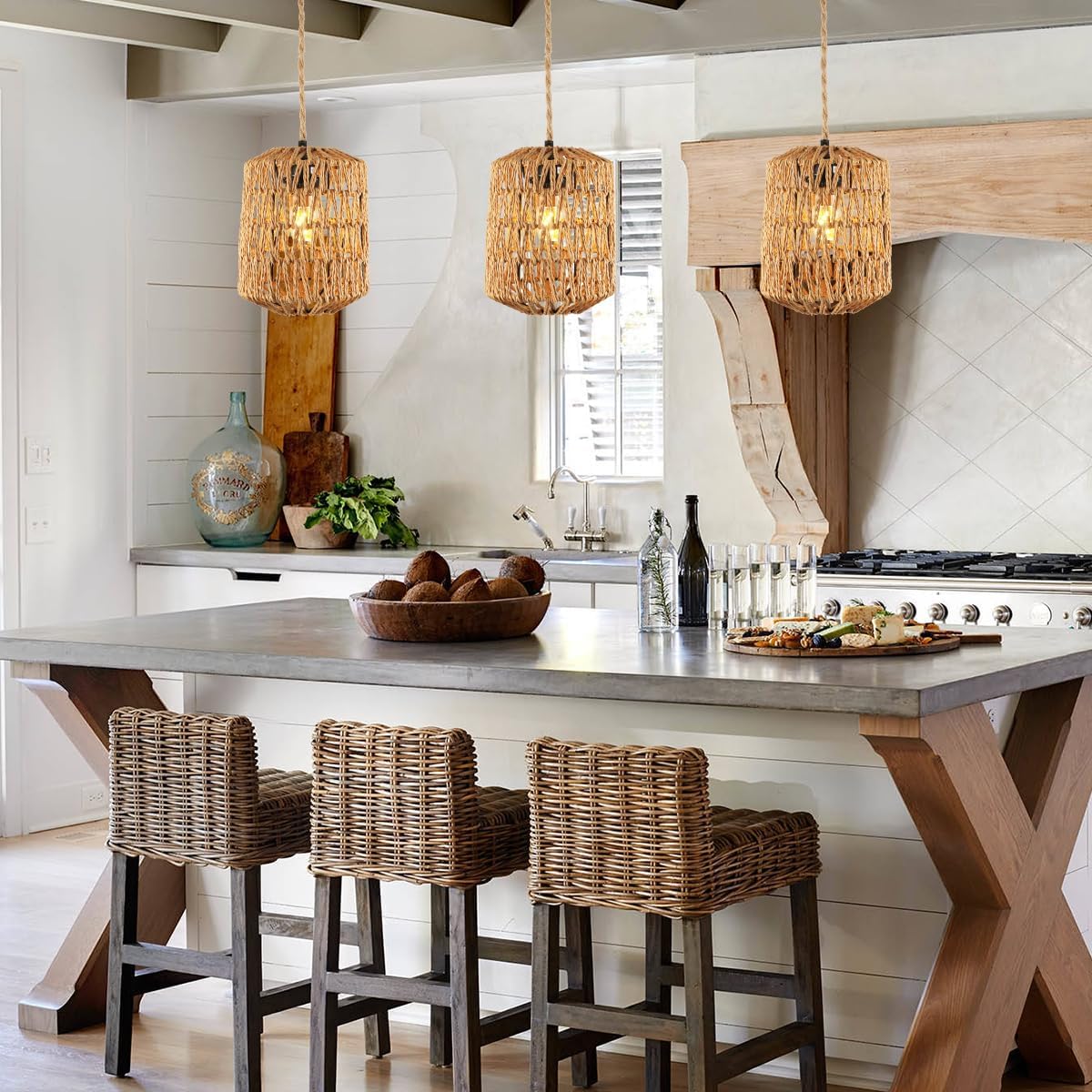 GLAMARIS Lustre en Rotin, Lampe Suspension Vintage E27, Luminaire Plafonnier en Rotin pour Salon, Cuisine, Chambre, Café-bar - 7