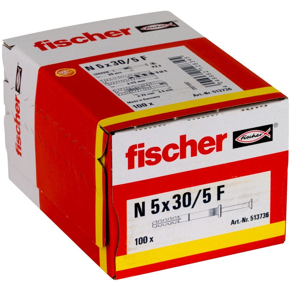 Cheville à percussion FISCHER N-F avec collerette épaisse et clou tête fraisée - 5x30/5 - Boîte de 100 - 2