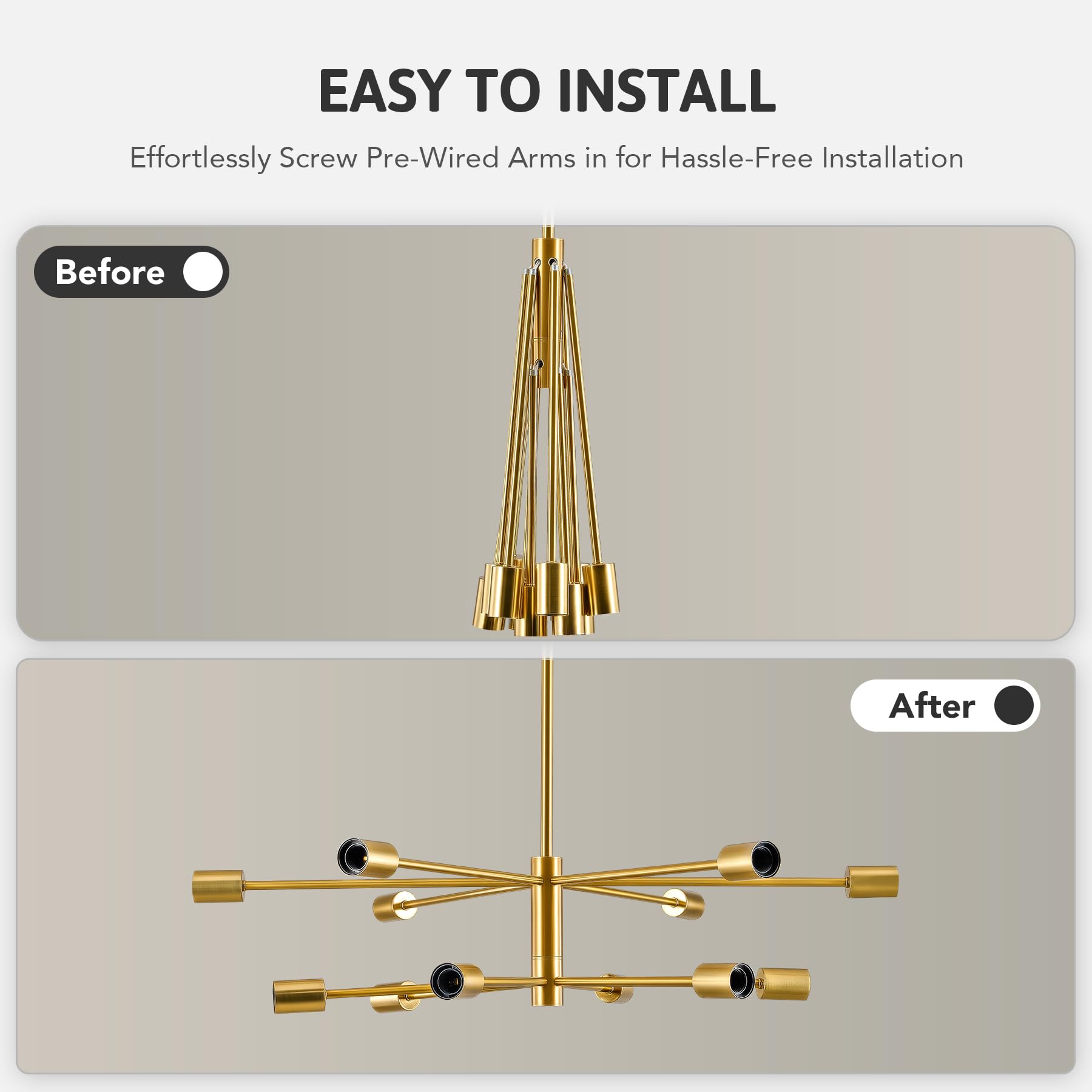 Nowoczesna lampa sufitowa, prosty, żelazny żyrandol molekularny w stylu retro, 12 głowic, kolor miedziany, bez źródła światła, E27 - 6