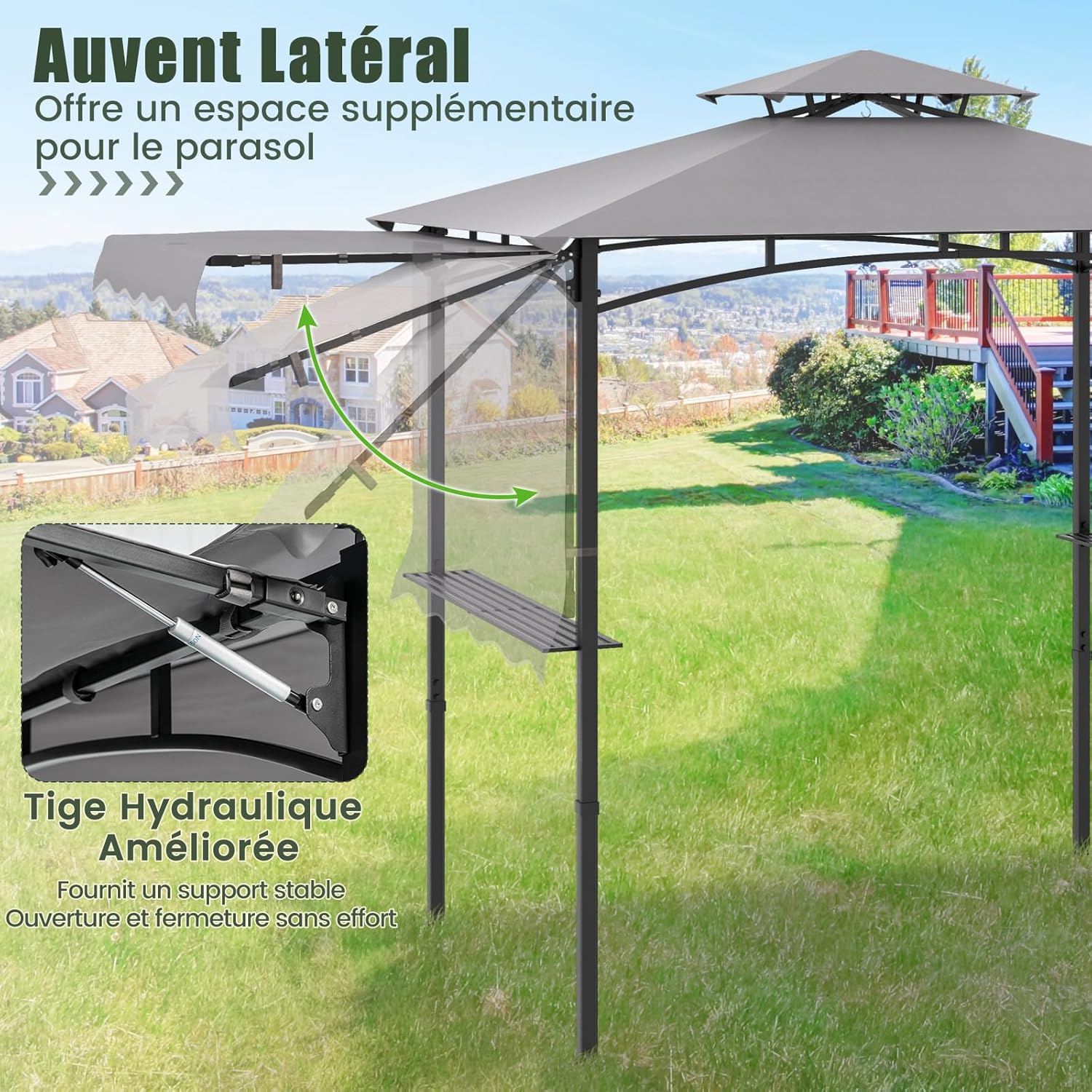 Tonnelle de Barbecue 318 x 153 cm avec Auvent Latéral, Abri Barbecue Cadre en Métal avec Dessus à 2 Niveaux 2 Etagères Latérales pour Jardin - 7