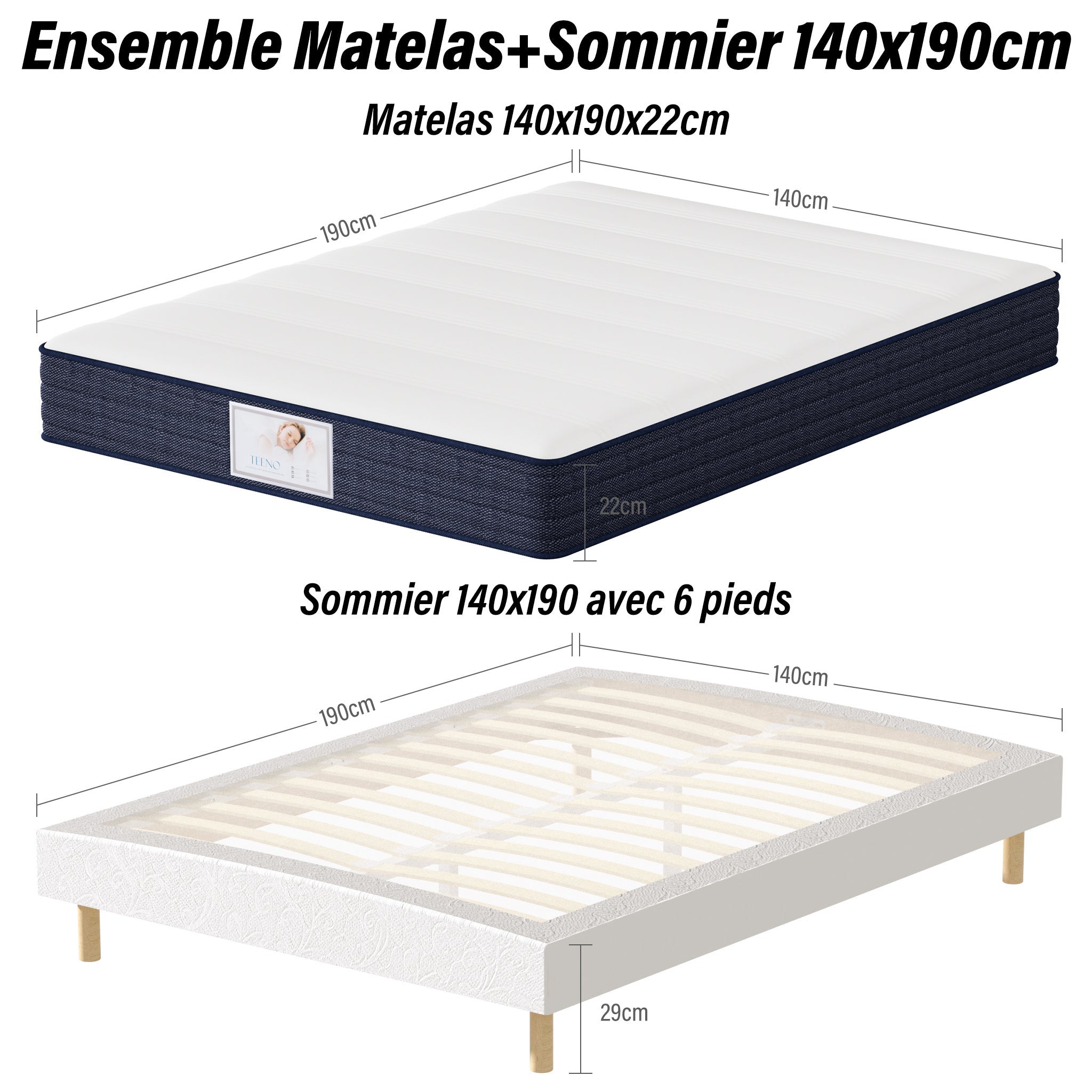 TEENO Ensemble Matelas à ressorts+ Lit Sommier Tapissier Déco 140x190cm, Epaisseur du Matelas 22cm - 6