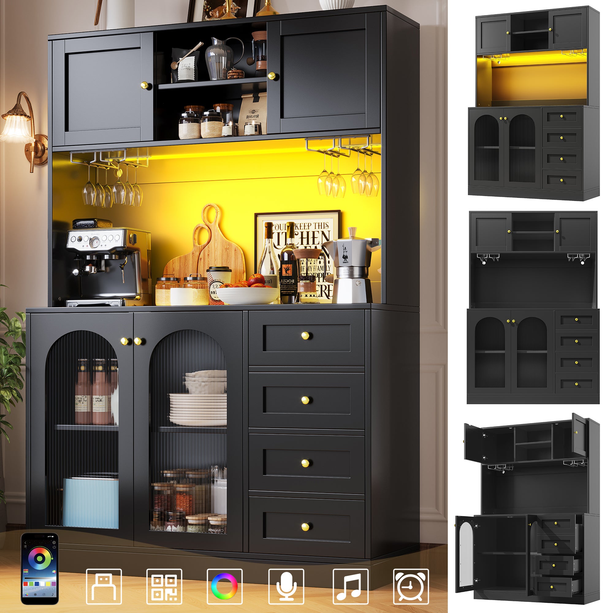 Buffet de cuisine haut avec 4 portes, 3 tiroirs et porte-gobelets - 120 x 40 x 188 cm - MDF - LEDs - Noir - 2