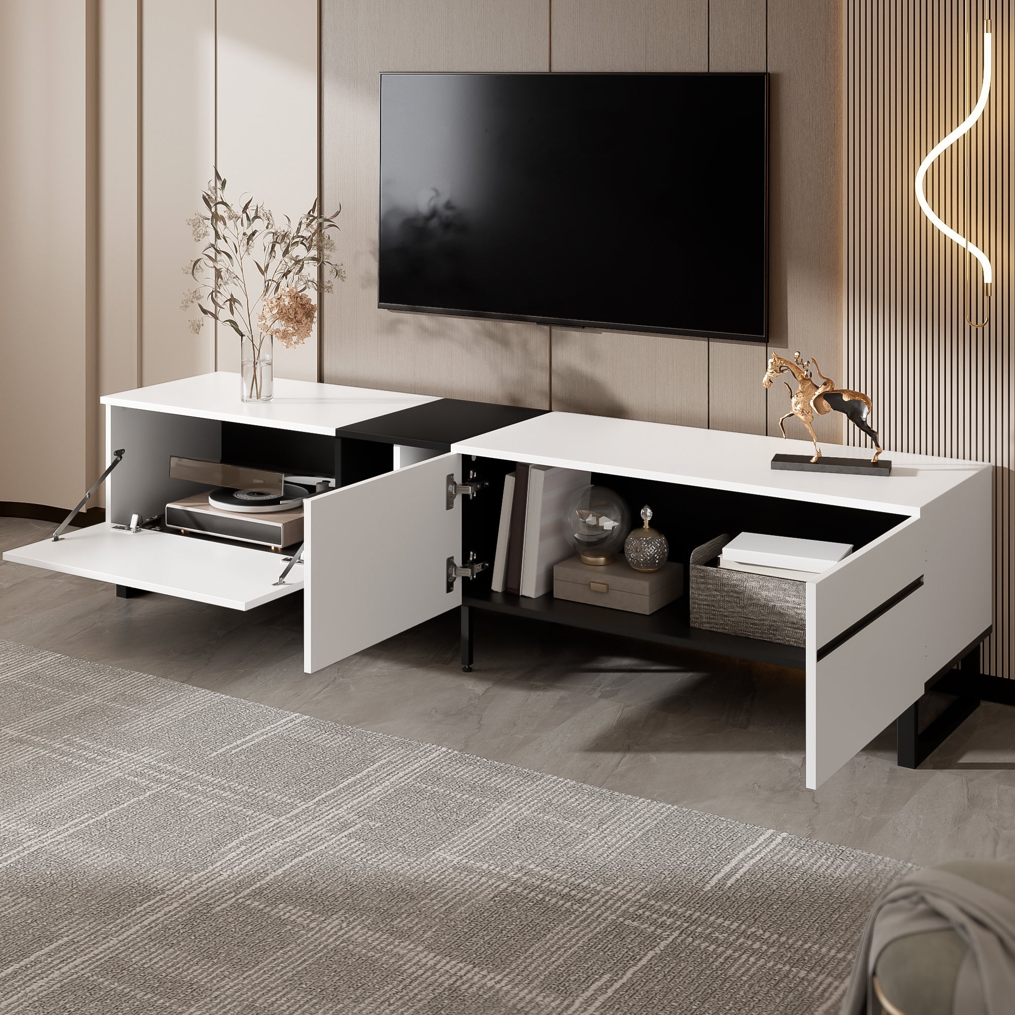Stolik pod TV z 3 drzwiami i 2 półkami - 180 x 38 x 45 cm - Płyta wiórowa - Biały - 4