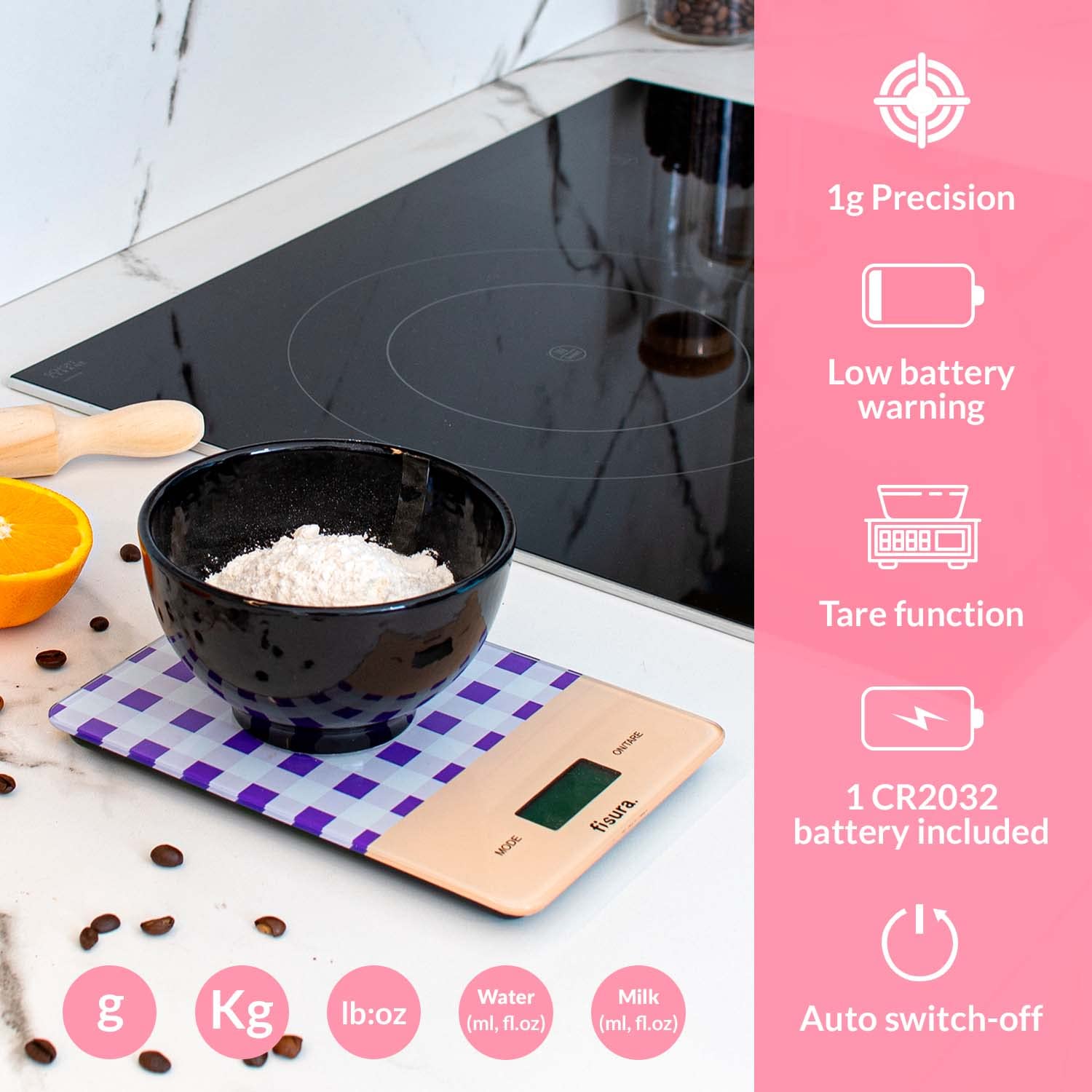 FISURA Bilancia Da Cucina Digitale Vichy 5kg - Design Originale A Scacchi Bianco E Nero - Alta Precisione Con Display LED