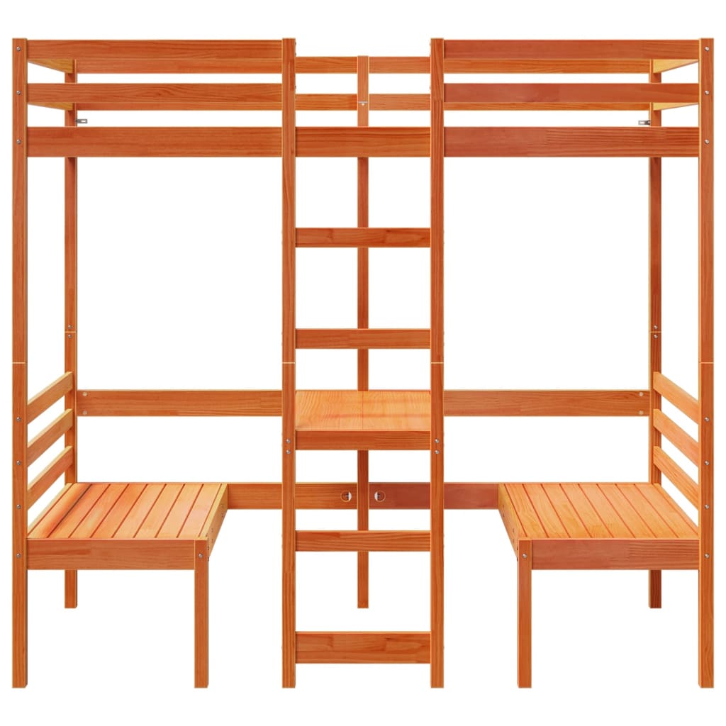 Lit mezzanine avec bureau et chaises, pin, brun ciré, pour la chambre, 75 × 190 cm - 5