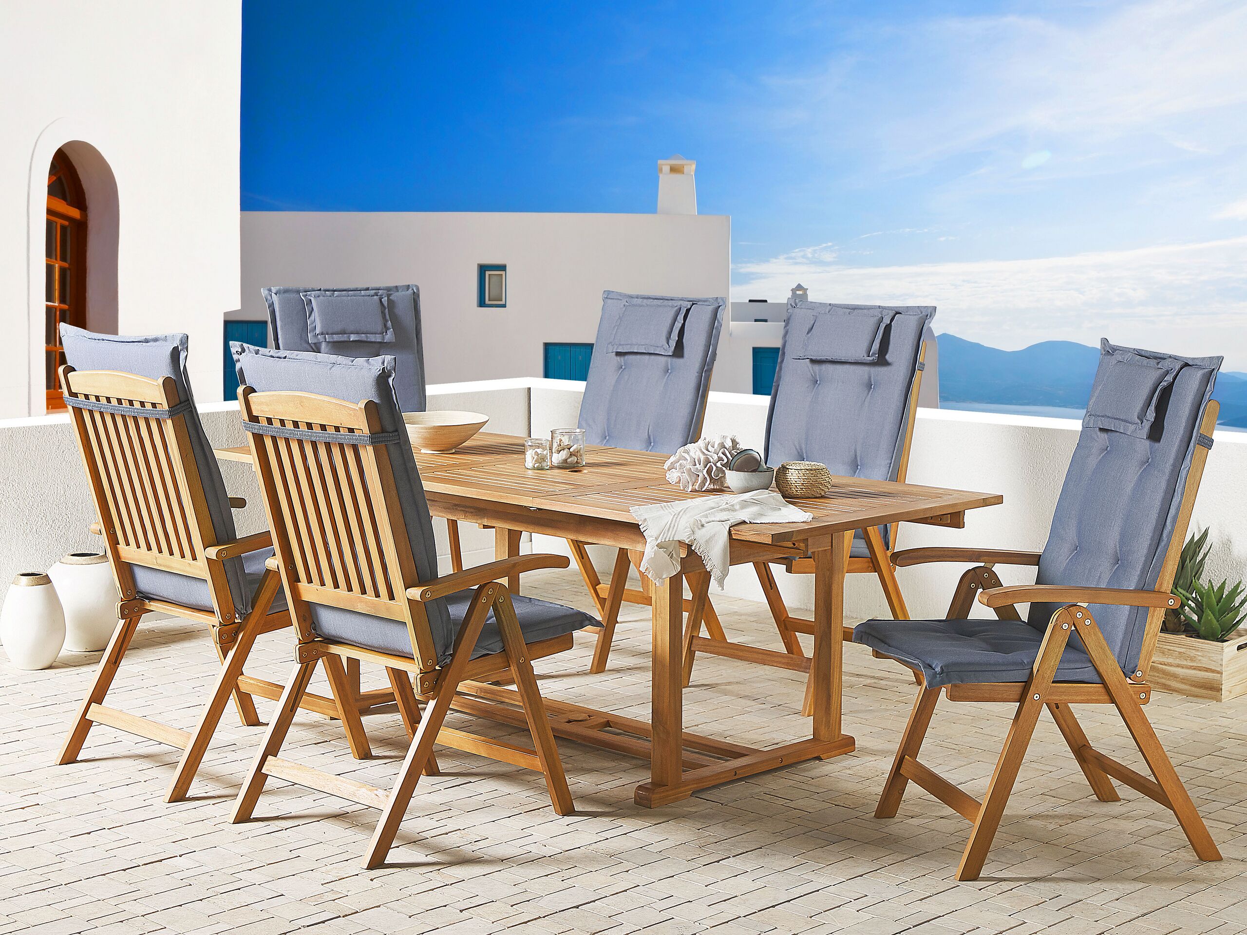 Set dining pentru grădină cu 6 locuri JAVA Albastru Lemn de acacia cu perne