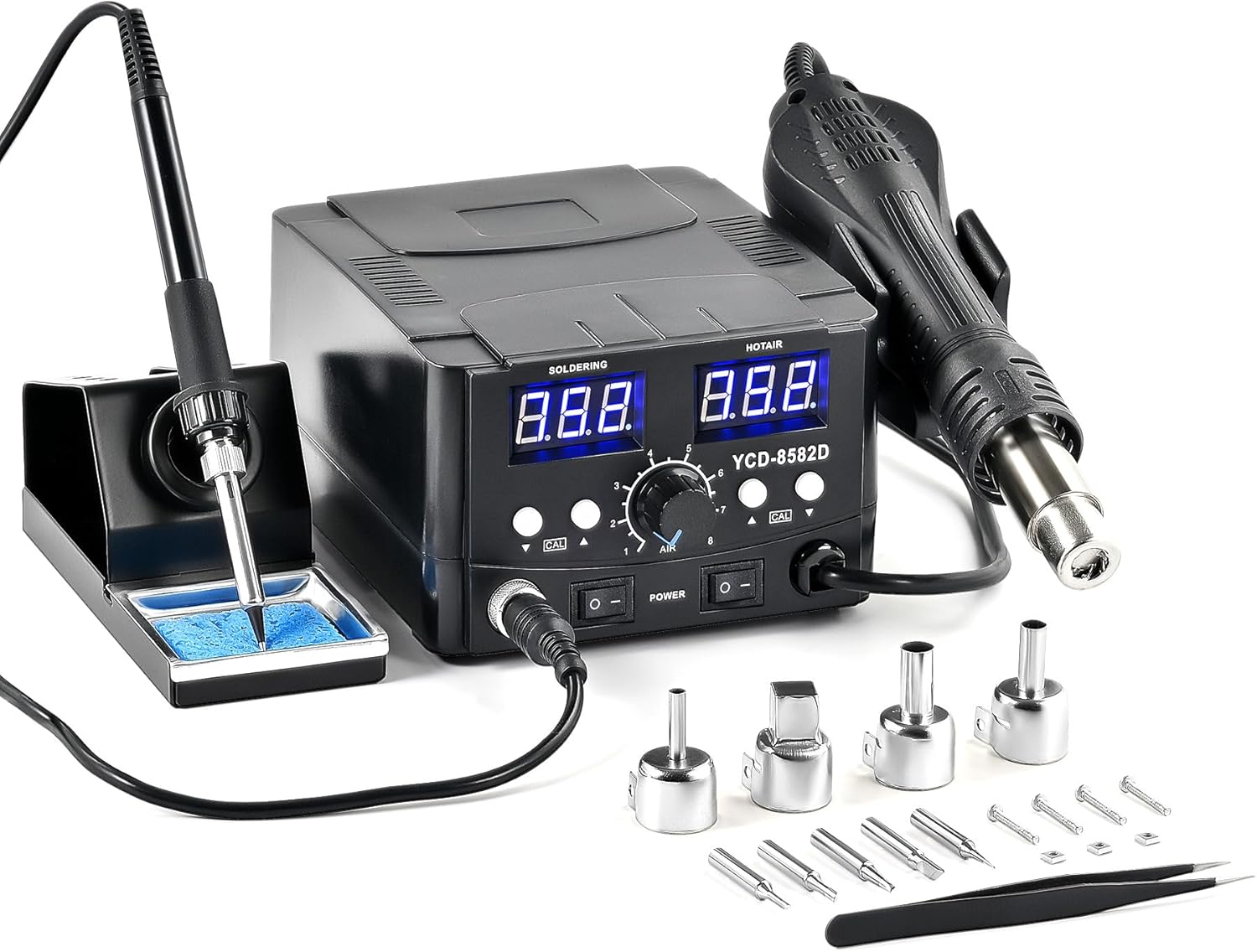 Station De Soudage 2 En 1 750W - Fer à Souder + Pistolet Air Chaud Avec 5 Pannes Et Accessoires