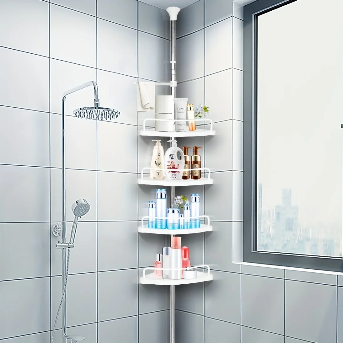 Étagère de douche d'angle à 4 niveaux, tige de tension en acier inoxydable antirouille, hauteur réglable 47,2-320 cm. - 2
