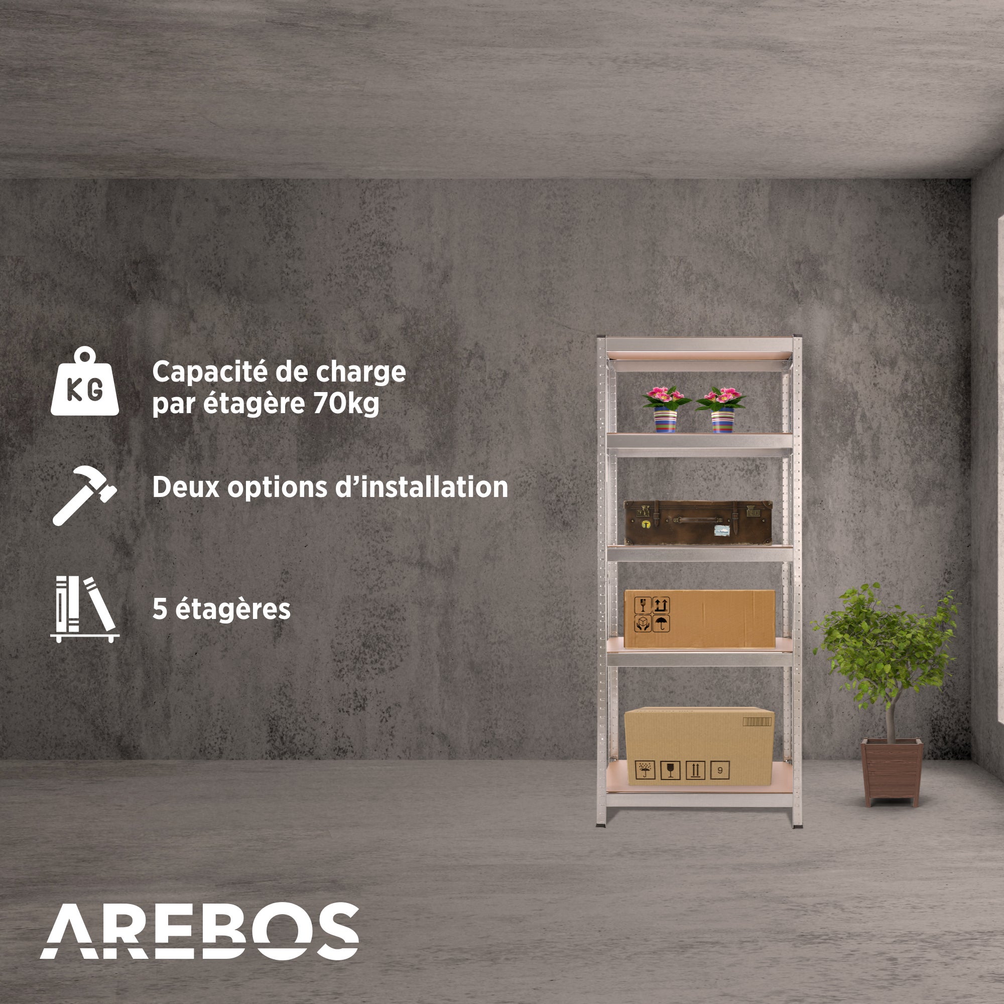AREBOS Étagère Charge Lourde Rangement | 350 kg Capacité Totale | 75 x 30 x 180 cm | Métal galvanisé et Panneau de Fibre de Bois MDF - 2