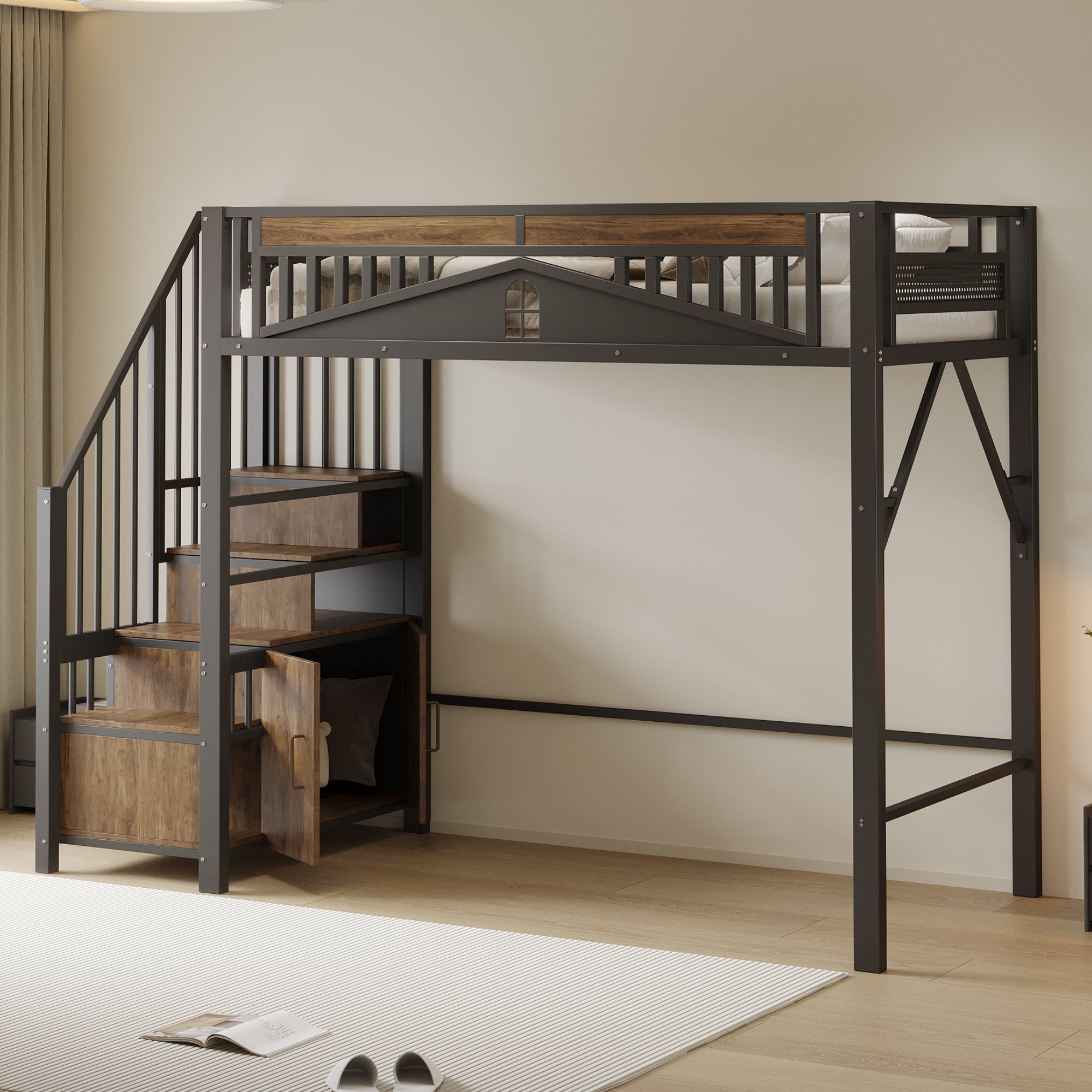 Lit mezzanine en métal 90 x 200 cm, enceinte de sécurité unique avec fenêtre, échelle de sécurité avec casier, noir - 4