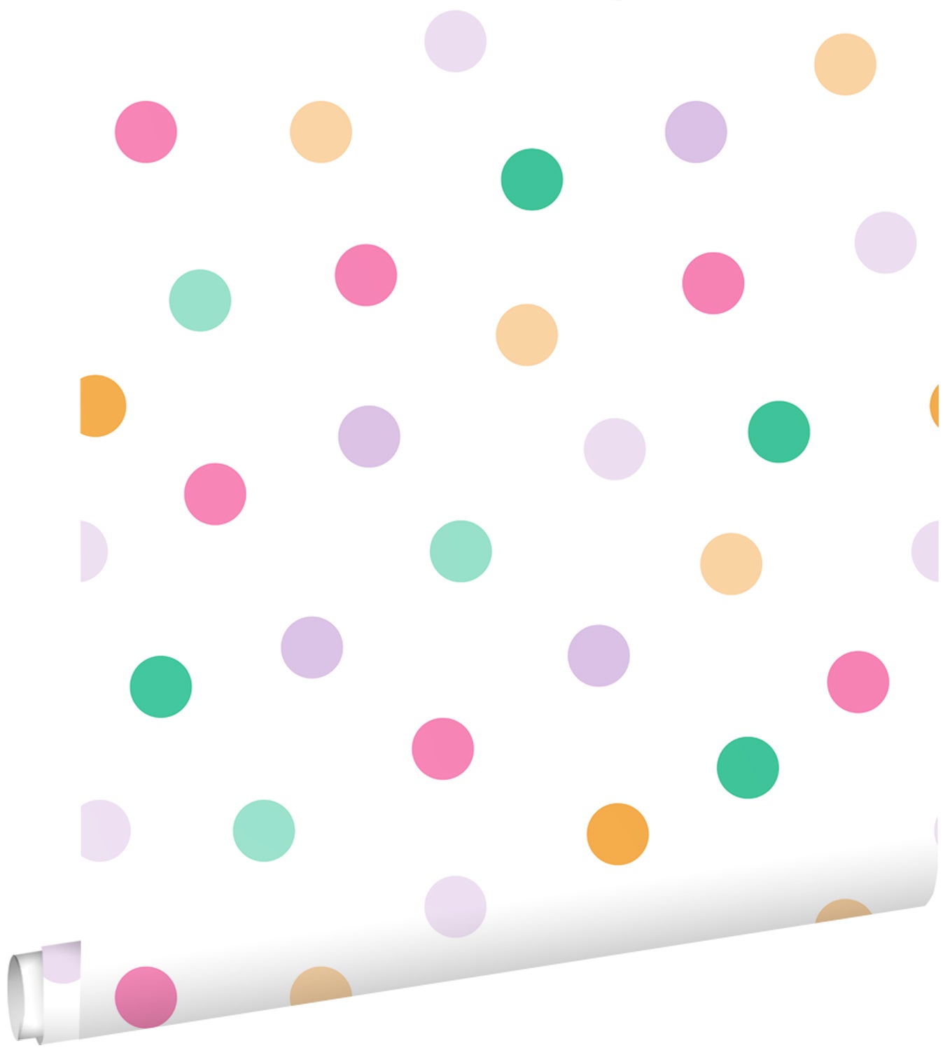 Papel pintado puntos lunares polka dots turquesa, morado, verde y naranja - 50 x 900 cm - estahome