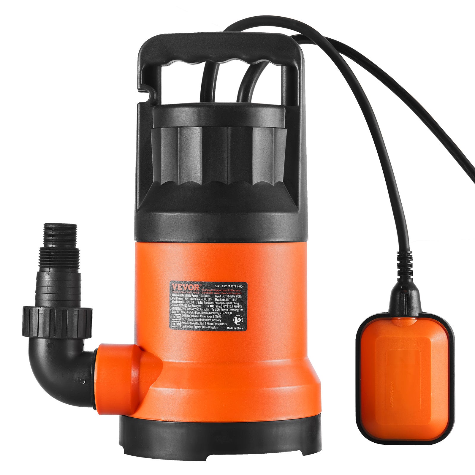 Pompe à eau submersible utilitaire,VEVOR 400 W,pompe de puisard,9500 L/H,hauteur de refoulement max. 7,9 m,câble d'alimentation de 3 m - 9