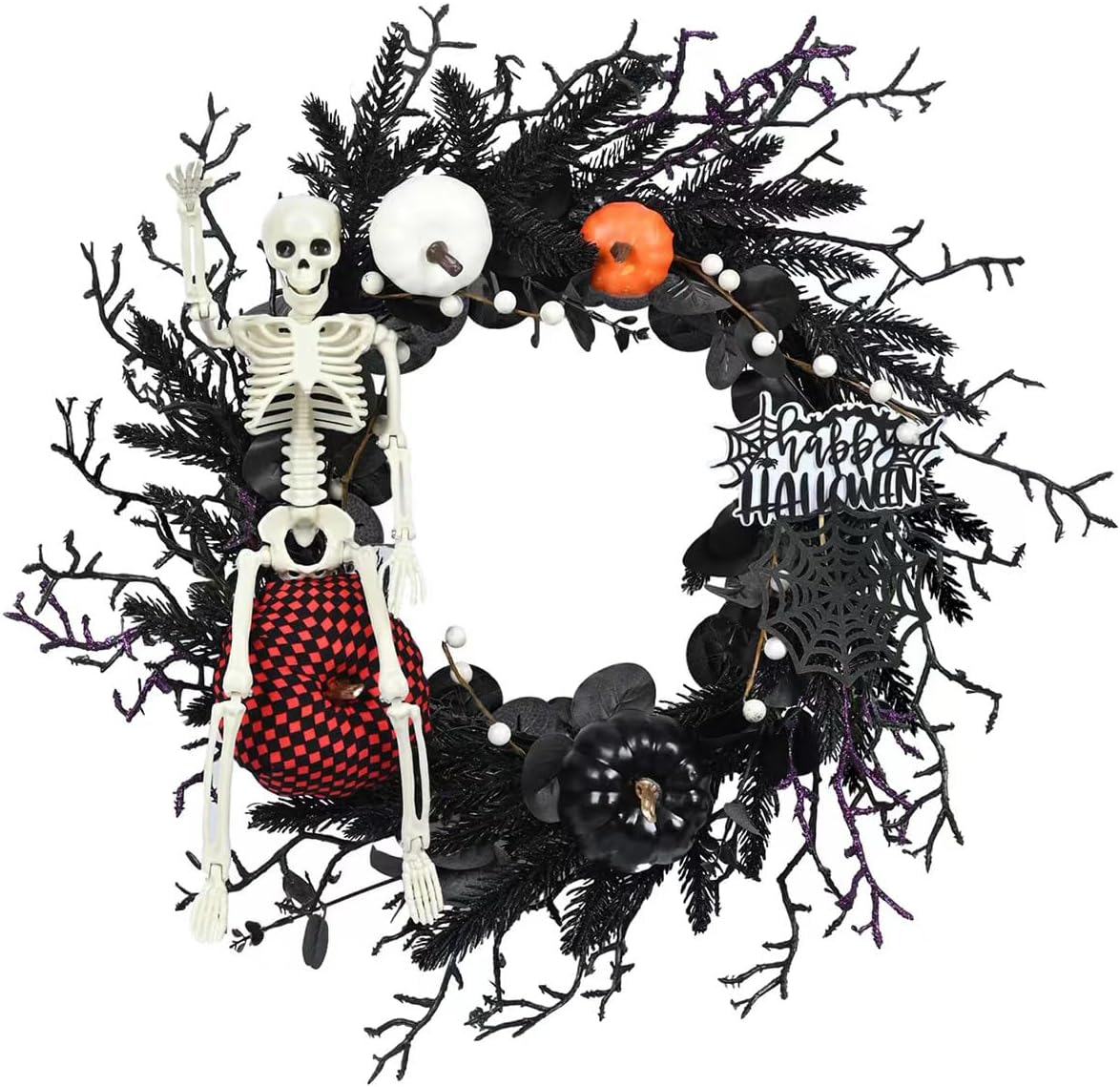 Dekoracja Halloween na Bramę Garażową - Wieniec 50cm z Sztucznych Roślin - Odporny na Warunki Atmosferyczne do Użytku Zewnętrznego