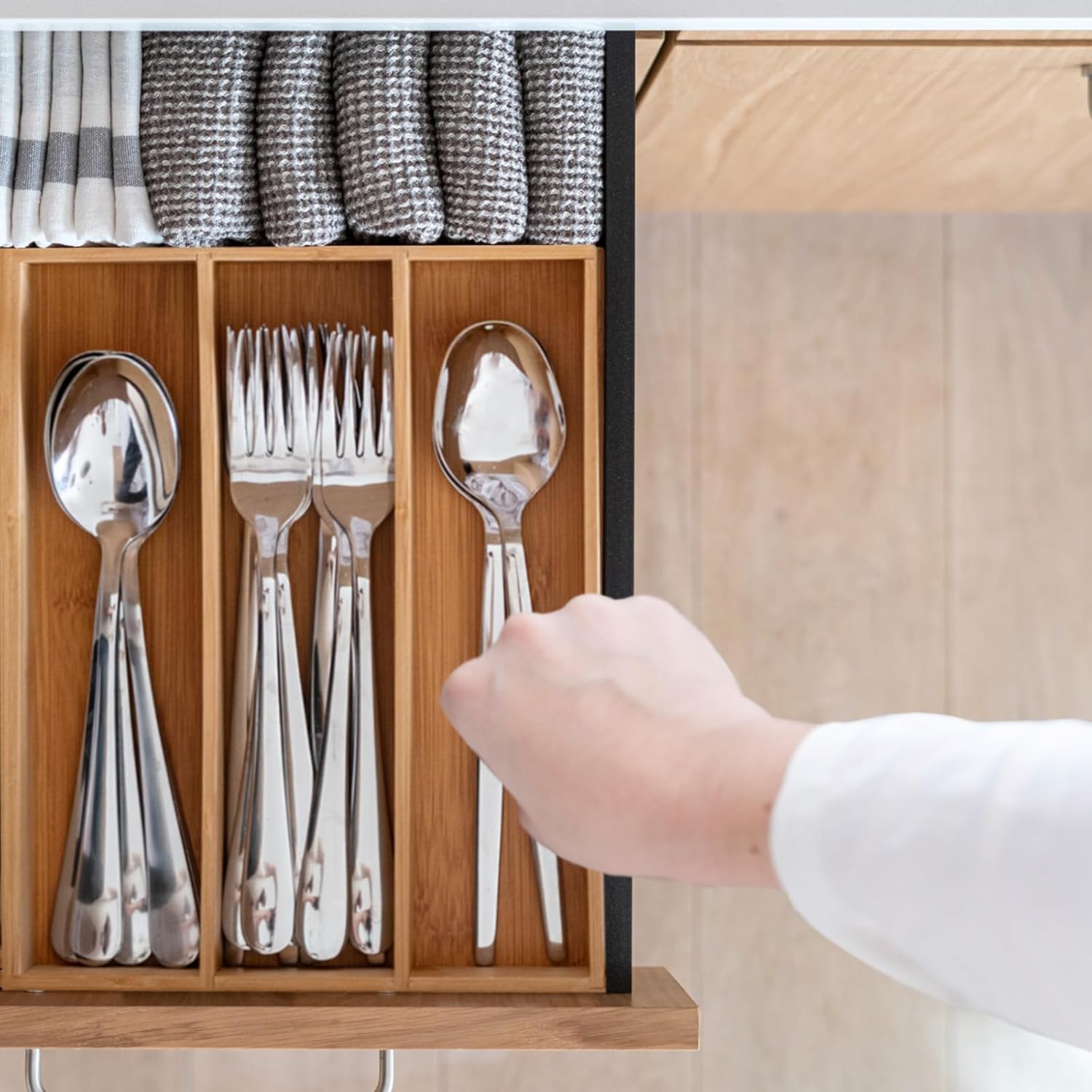 Range-couverts en bambou, porte-couverts en bambou avec 3 compartiments, tiroir de cuisine, range-couverts en bambou, range-couverts en bambou - 4