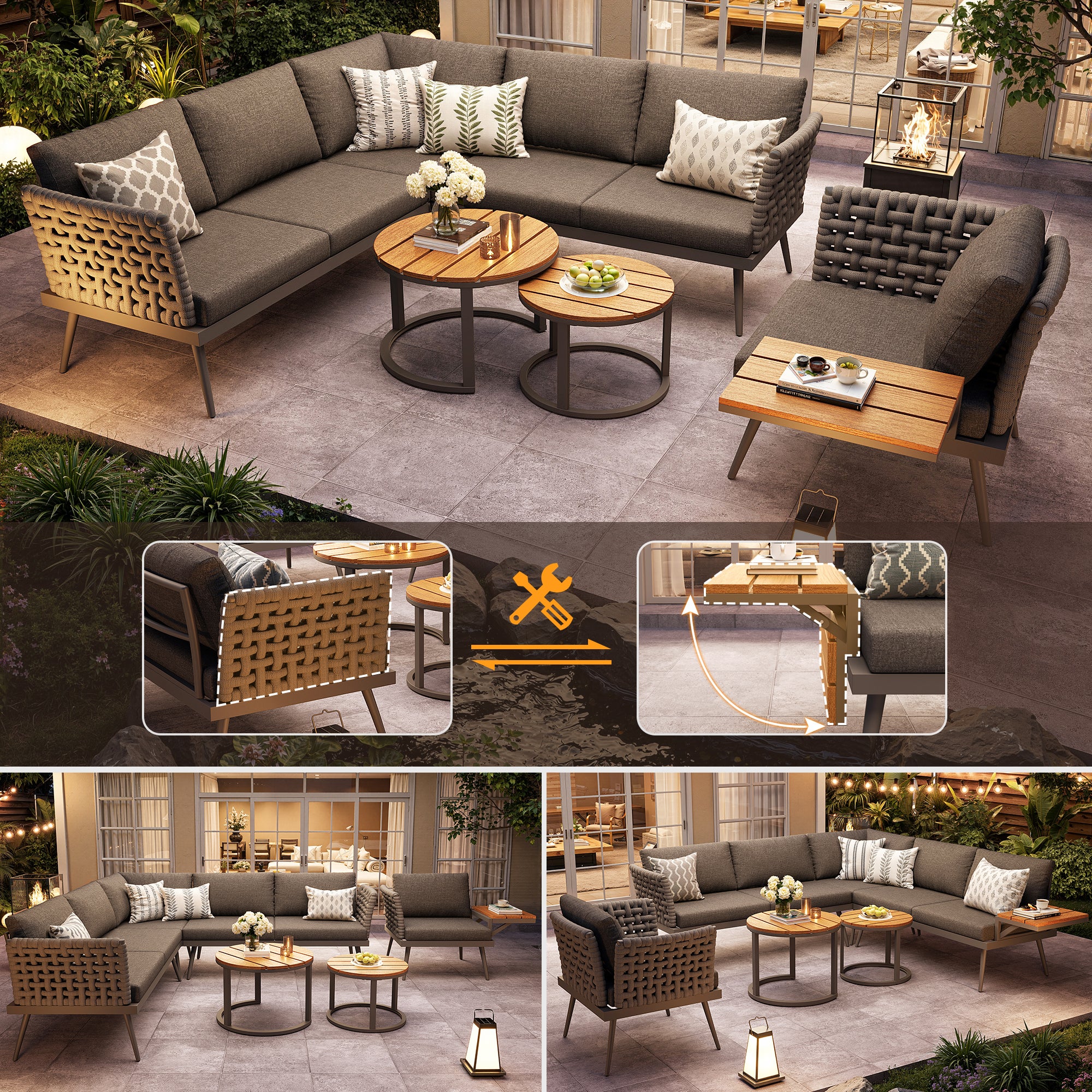 Salon de Jardin Exterieur pour 6 places,avec 2 tables basses en bois,Canapé d'angle extérieur en forme de L,avec coussin,Main courante tressée, Gris - 9
