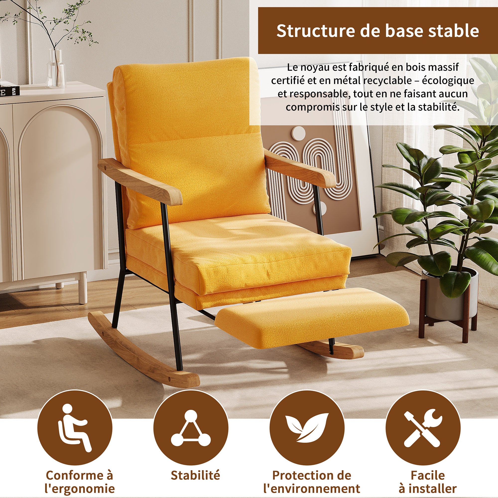 Fauteuil à Bascule, COZY, Symbiose entre Design Naturel et Confort Ergonomique, Fauteuil à bascule avec repose-pieds, Lin Jaune - 5