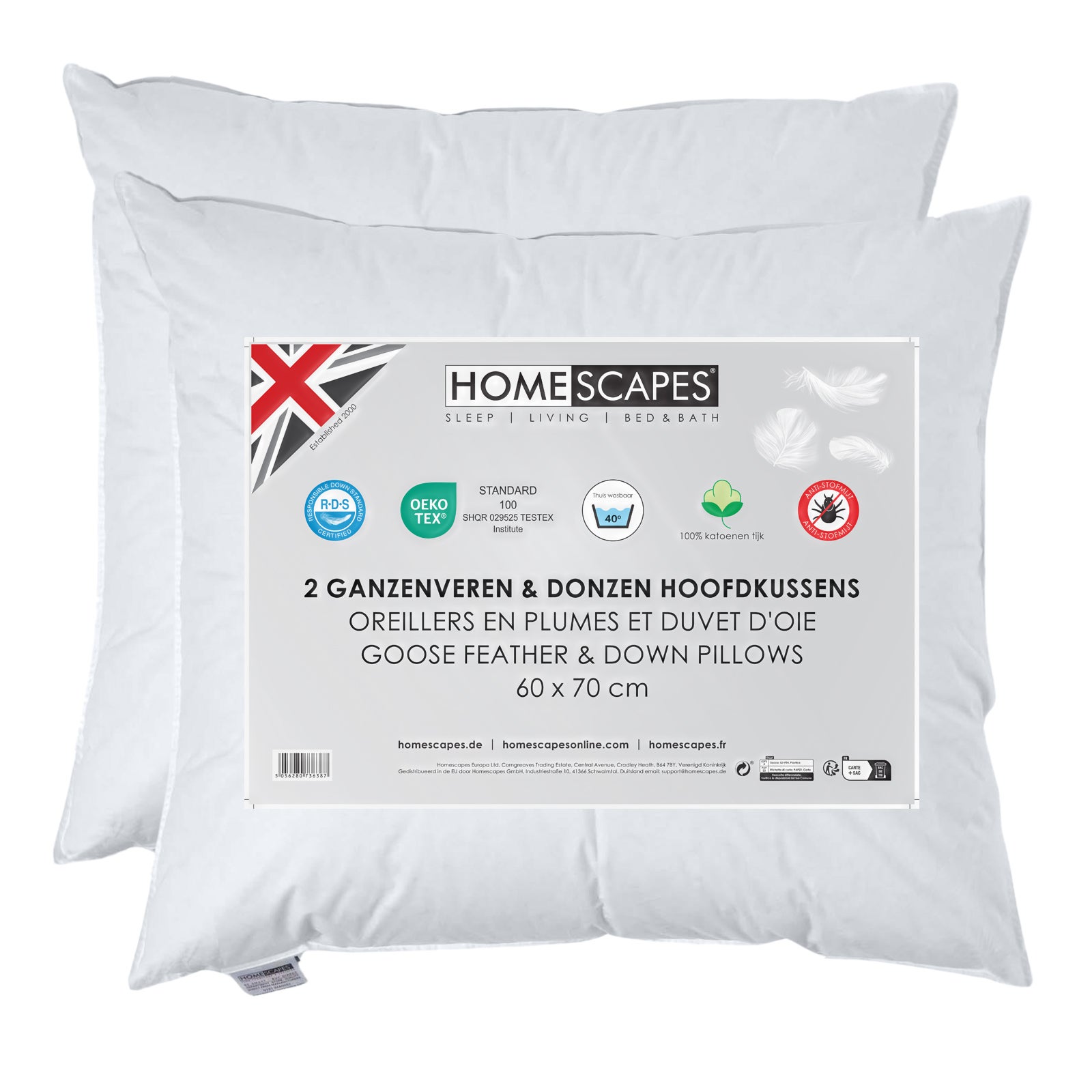 Lot De 2 Oreillers En Plumes De Canard Homescapes 65x65cm - Naturels Moelleux, Hypoallergéniques Et Anti-acariens