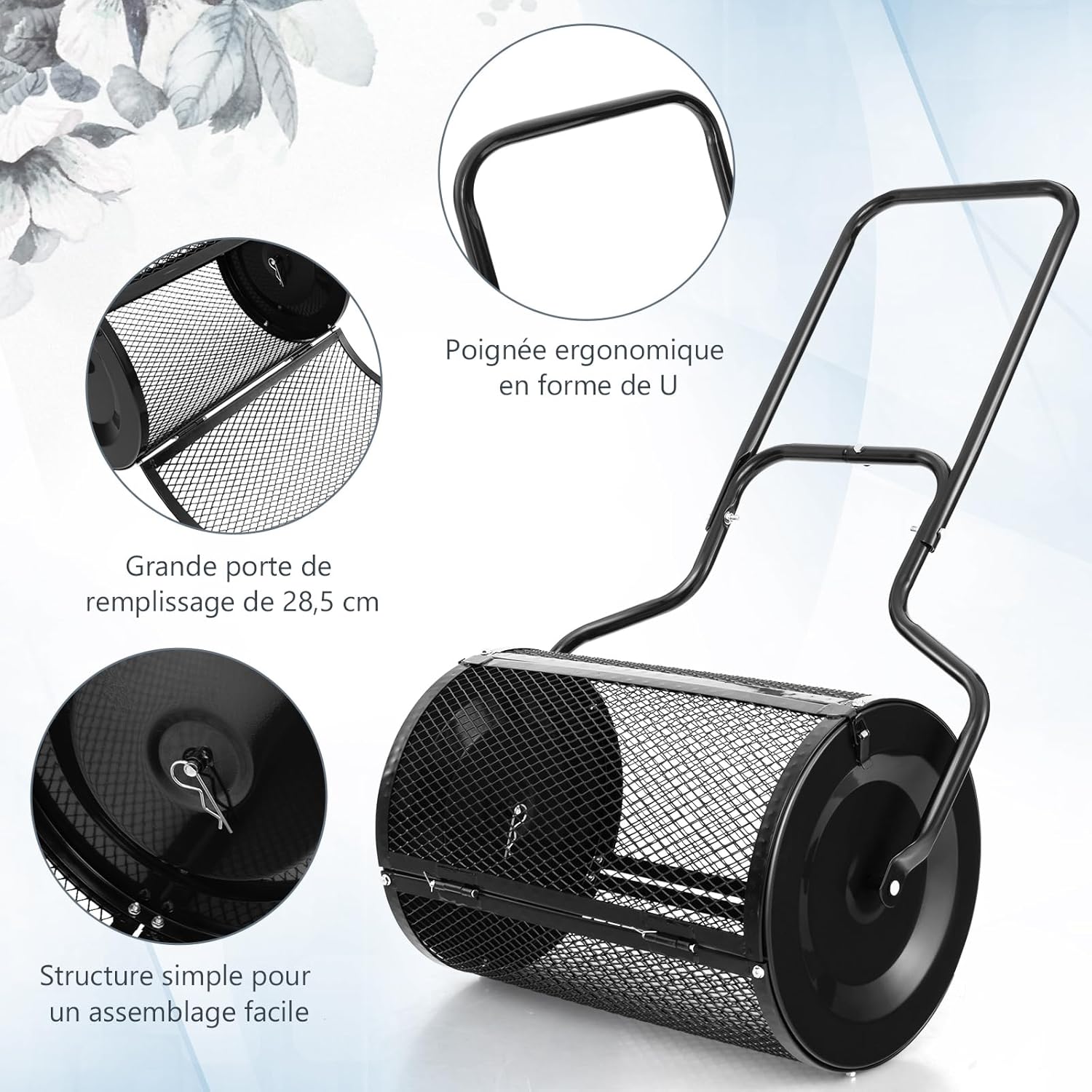 Spandiconcime a Rullo, Rullo da Giardino con Impugnatura Pratica Chiusure Laterali e Rete in Metallo per Concimazione e Semina, Spandiconcime - 3