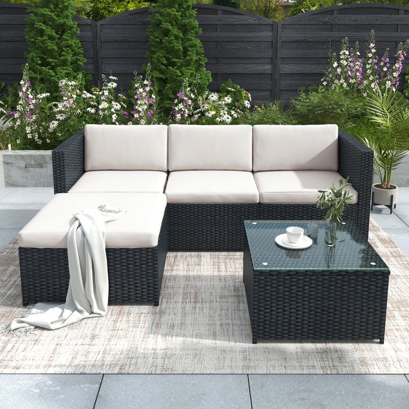 Salon de Jardin Exterieur en Rotin, Table de Jardin Exterieur avec Chaise, Canapé de Salon d'angle 4 Places avec Coussins et Table en Verre, Noir - 6