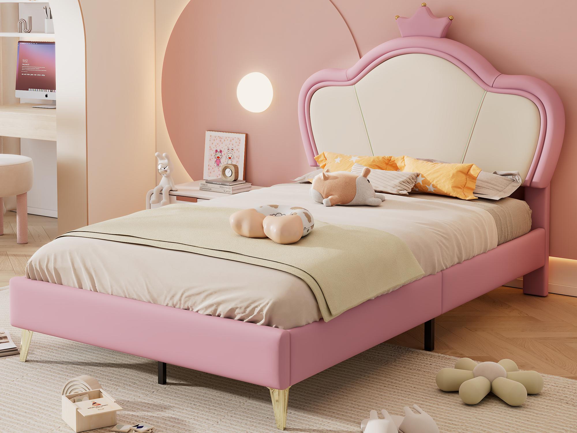 Łóżko dziecięce 90x200cm z imitacji skóry - unikalny design - różowo-białe