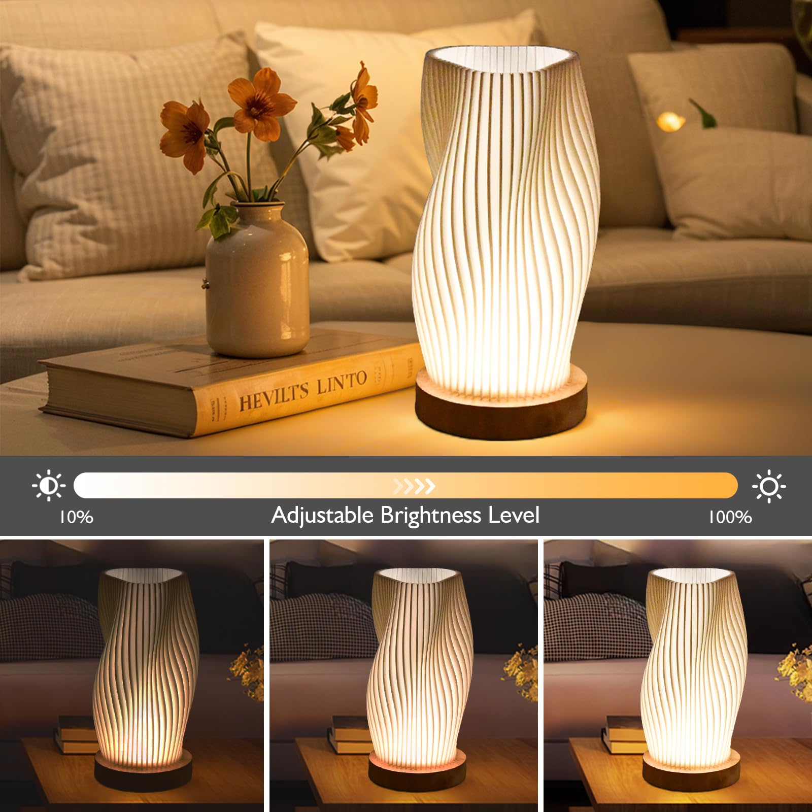 Dimmable Lampe de Table Créative Moderne, Lampe de Chevet avec abat-jour en PLA, Base en Bois, Chaude Ambiance Romantique Lumière Chaude Veilleuse - 2