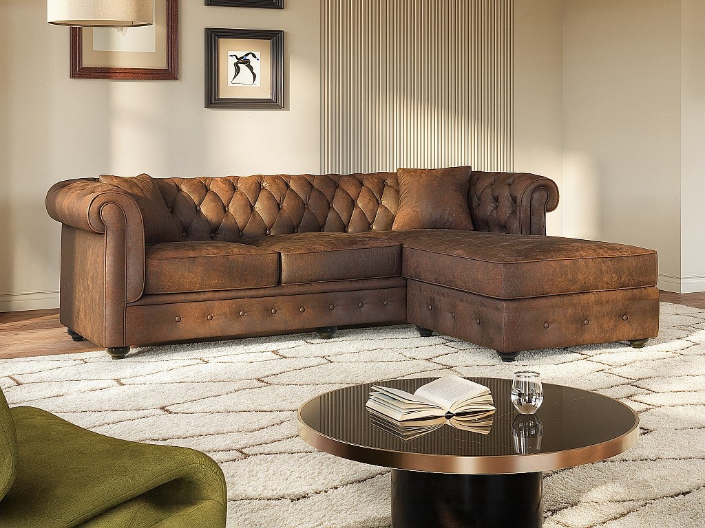 Divano angolare chesterfield reversibile in microfibra invecchiata