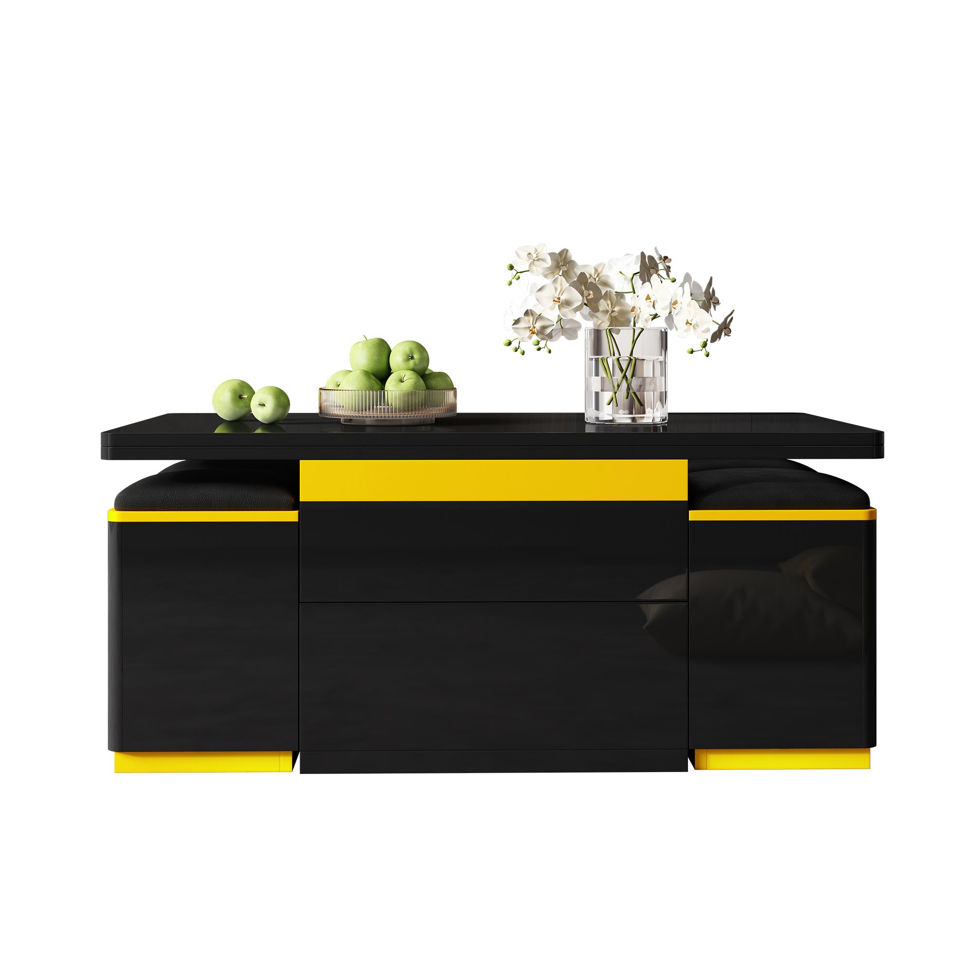 Stolik kawowy z podnoszonym blatem, 4 krzesłami i 2 szufladami – 100 x 50 x 43 cm – Płyta wiórowa + MDF – Czarny - 2