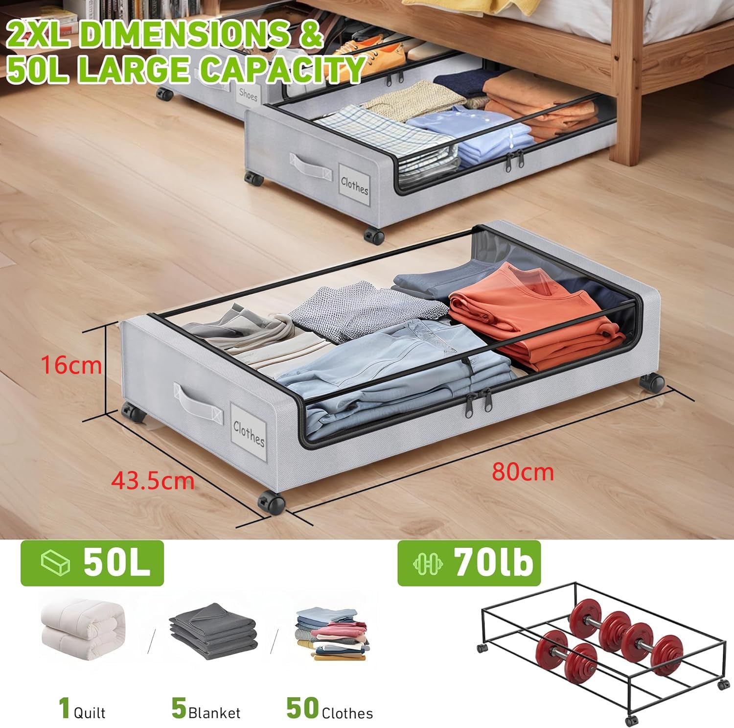 Armoire de rangement sous le lit avec roulettes, 1 boîte de rangement sous le lit, organisateur de rangement sous le lit avec couvercle transparent - 2
