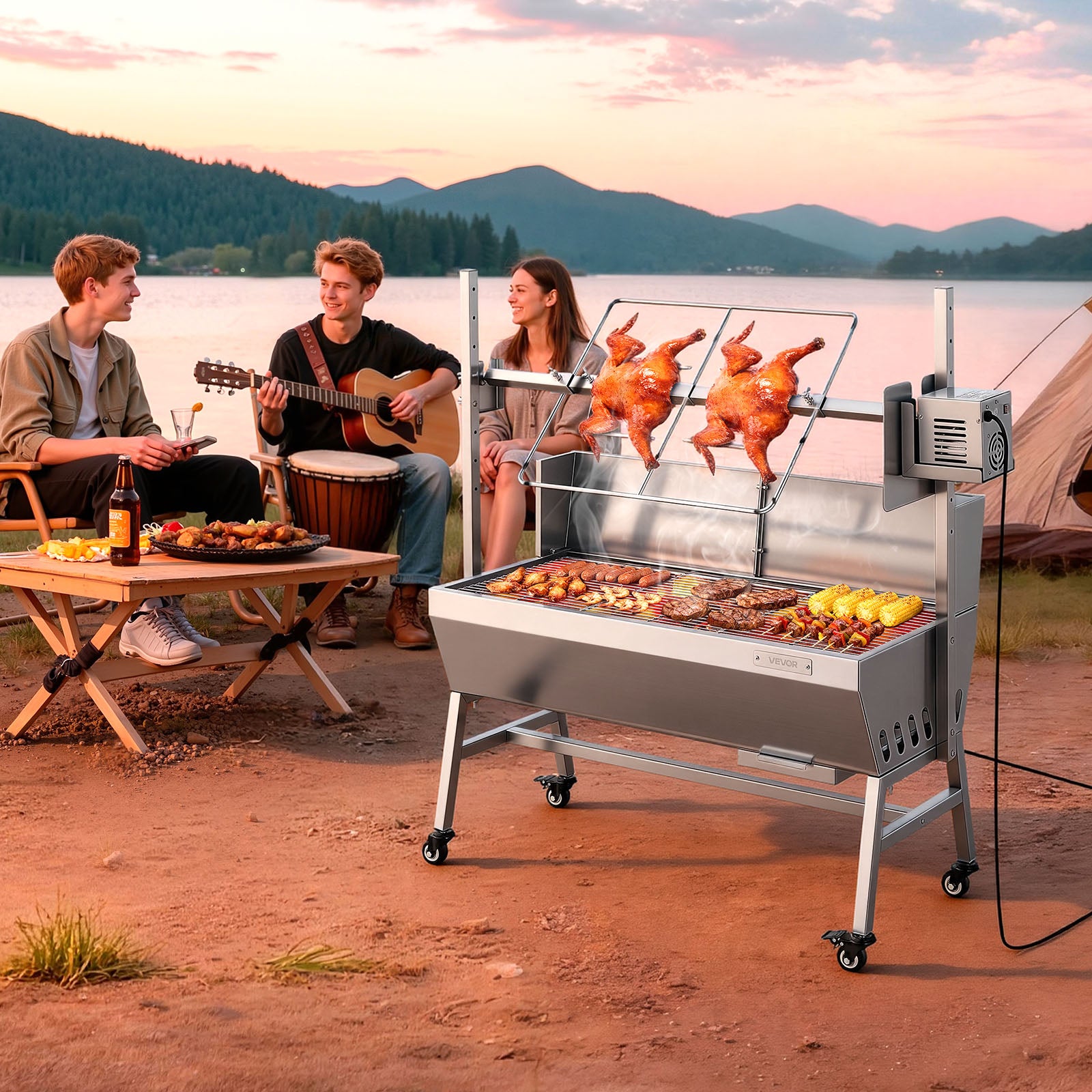 Barbecue a Carbone con Girarrosto Elettrico VEVOR, Motore 38 W, Carico 60 kg, Spiedo 94 cm, Senza Coperchio, 7 Altezze - 8