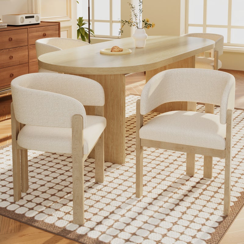 Zestaw 4 krzeseł do jadalni z podłokietnikami - 60 x 51 x 80 cm - tkanina bouclé i nogi z litego drewna - naturalny