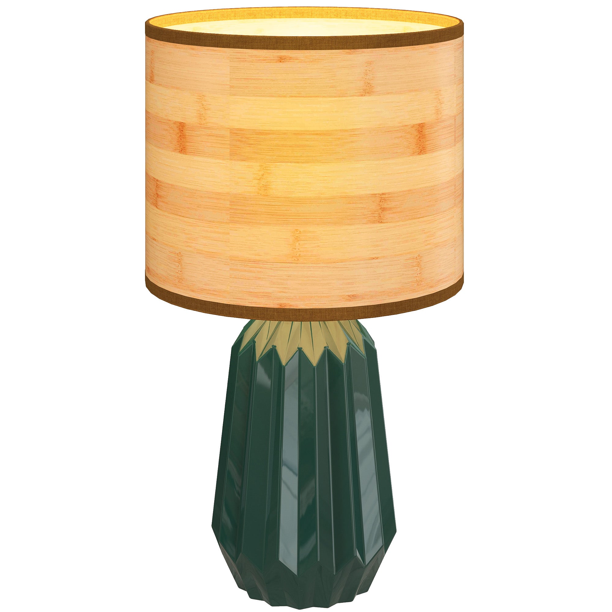 Lámpara de mesa de estilo retro con base de cerámica y pantalla de lino para dormitorio, 40 w, color verde y madera natural.