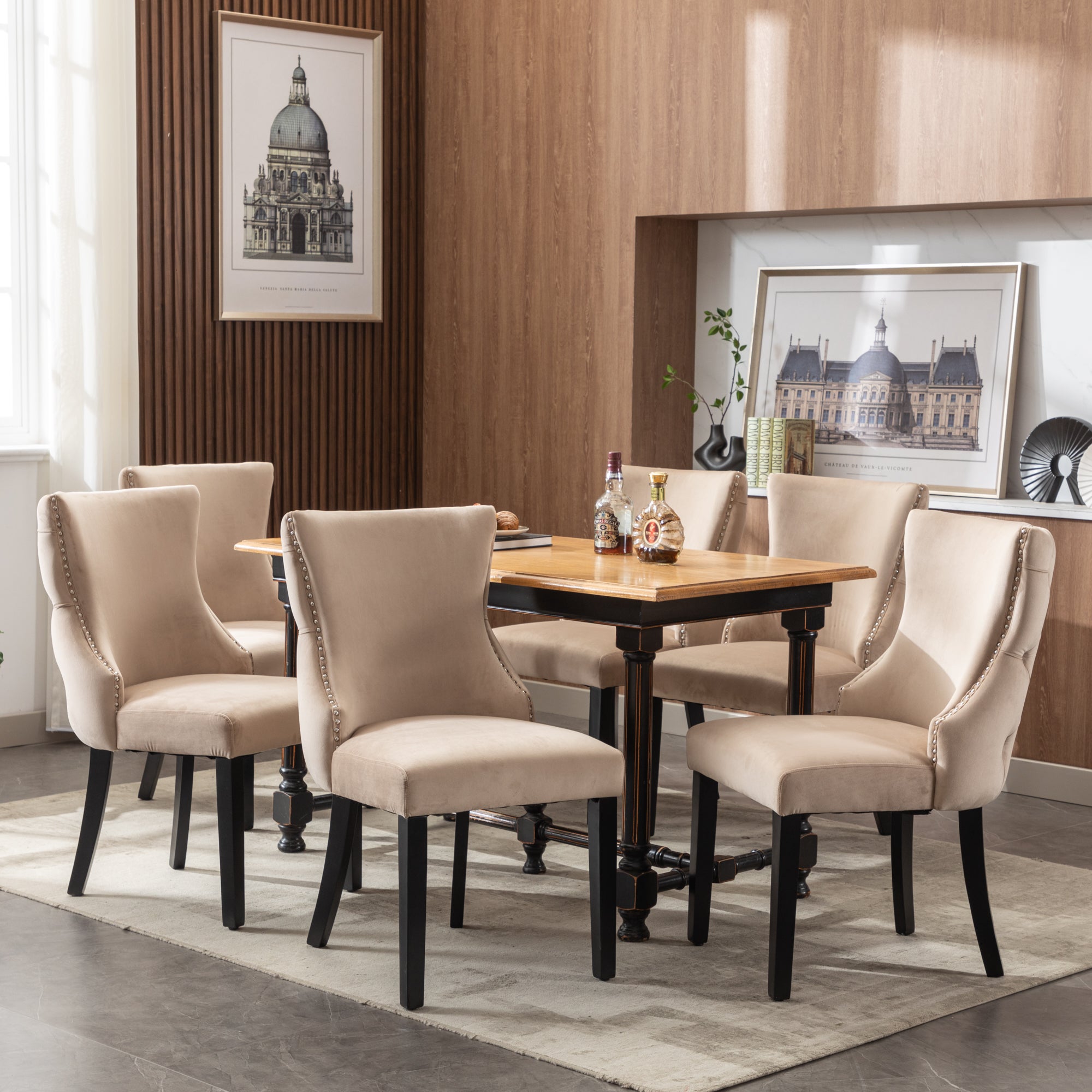 Zestaw 6 krzeseł do jadalni z aksamitu - bez podłokietników - 50 x 52 x 91 cm - nogi z litego drewna - beżowy