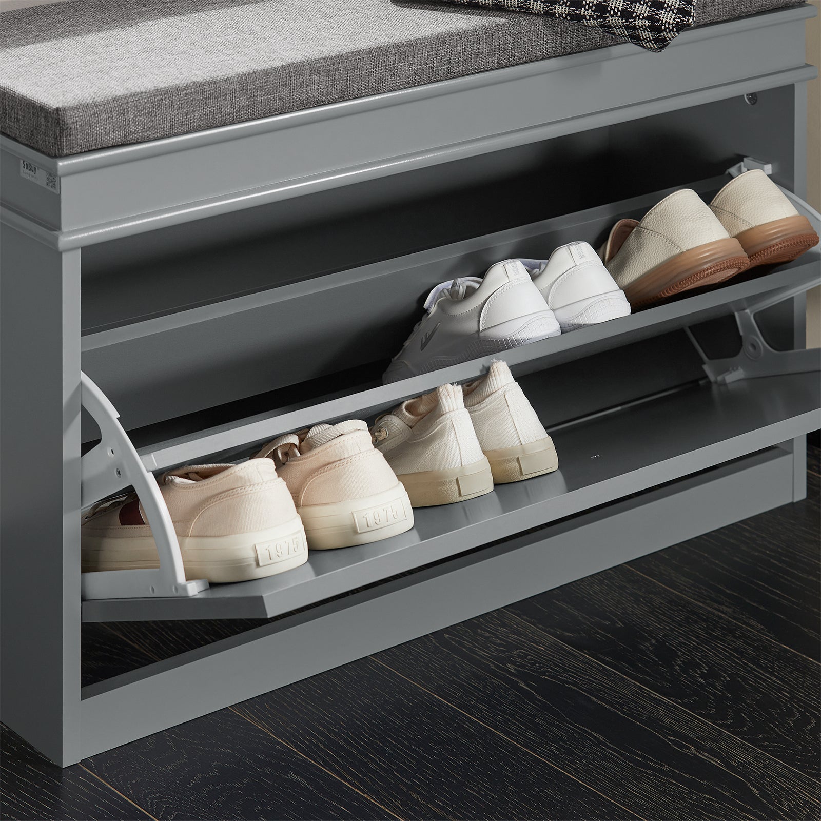 SoBuy Banc à Chaussures Meuble à Chaussures avec Assise Coussin Rembourré et Abattant – Gris, FSR82-L-HG - 7