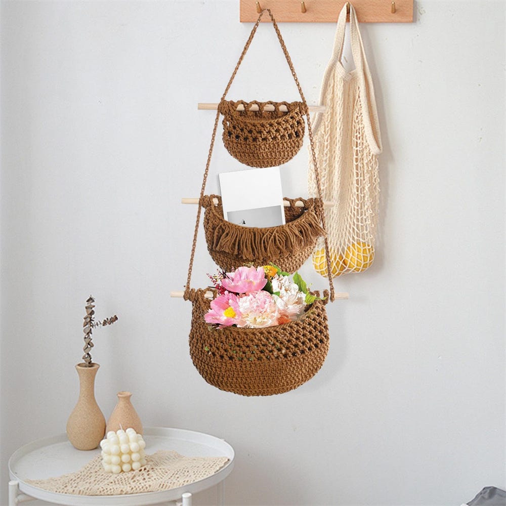 Organizer Da Parete In Corda Di Cotone - 3 Ripiani Appendibili, Per Camera E Soggiorno - Foto 2